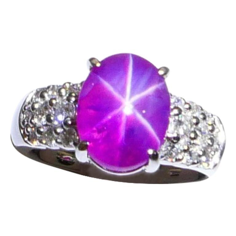GRS Certified 6.1 Carat Natural Pinkish-Red Star Ruby Diamond Ring, Strong Star