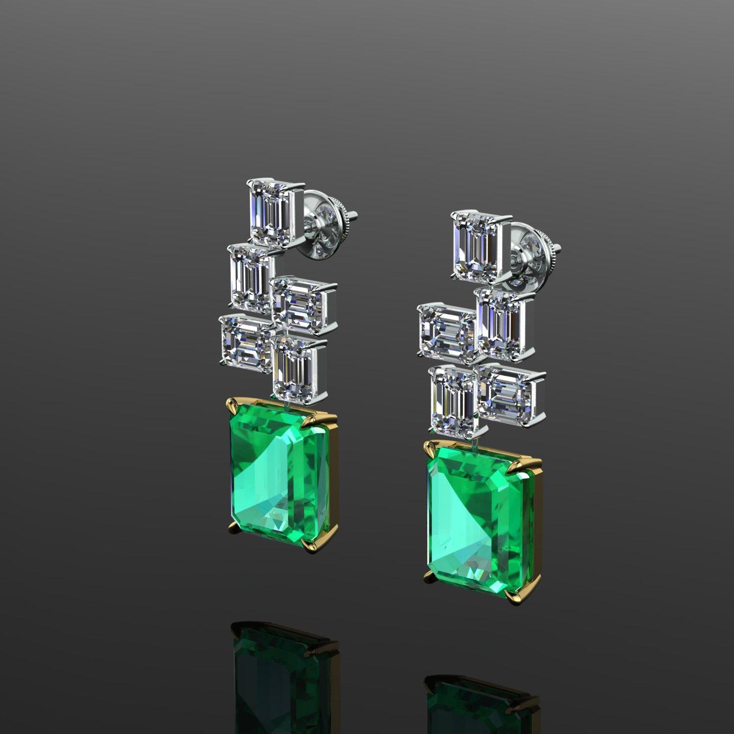 Art Deco GRS Certified 6.12 Carat Colombian Emerald 4 Carat Diamond Emeralds Earrings