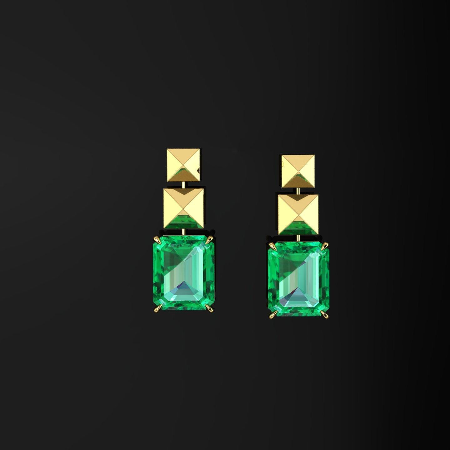 Art Deco GRS Certified 6.12 Carat Colombian Emerald Pyramid Dangling Earrings in 18K Gold