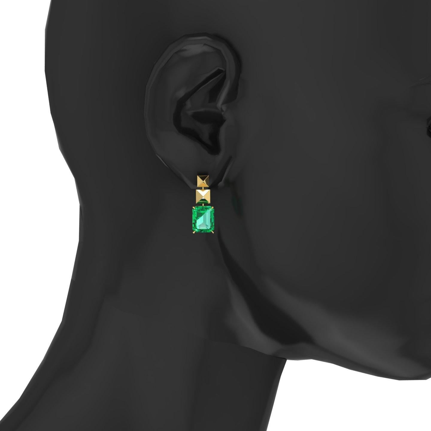 Emerald Cut GRS Certified 6.12 Carat Colombian Emerald Pyramid Dangling Earrings in 18K Gold