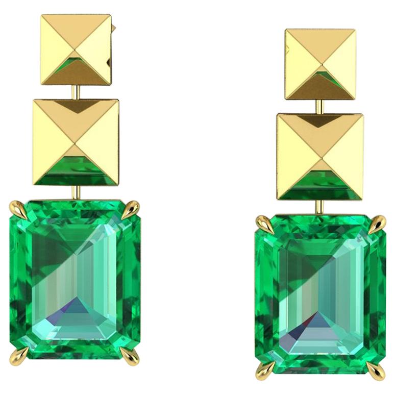 GRS Certified 6.12 Carat Colombian Emerald Pyramid Dangling Earrings in 18K Gold