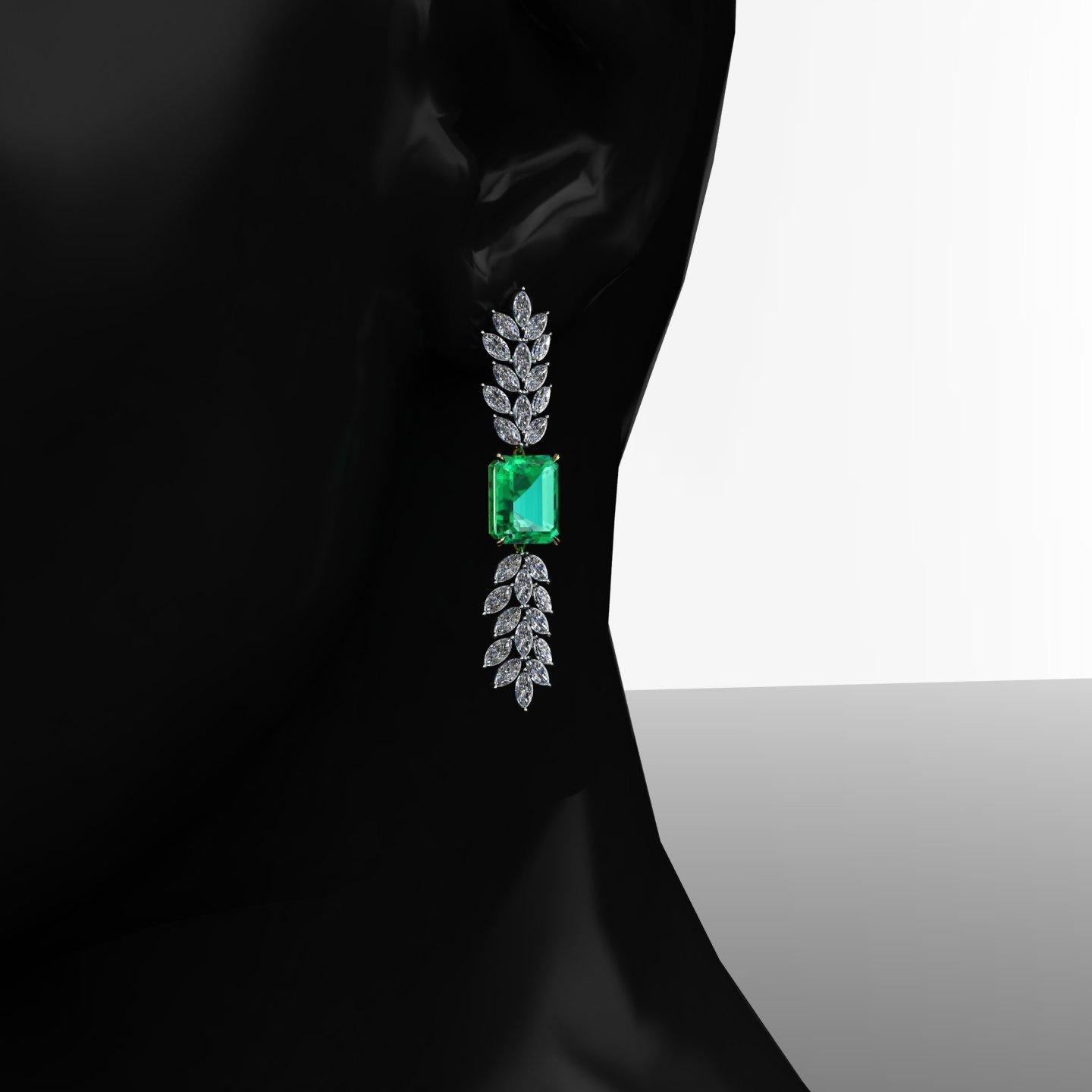 Women's or Men's GRS Certified 6.12 Carat Emeralds 2.5 Carat Marquise Diamonds Dangling Earrings