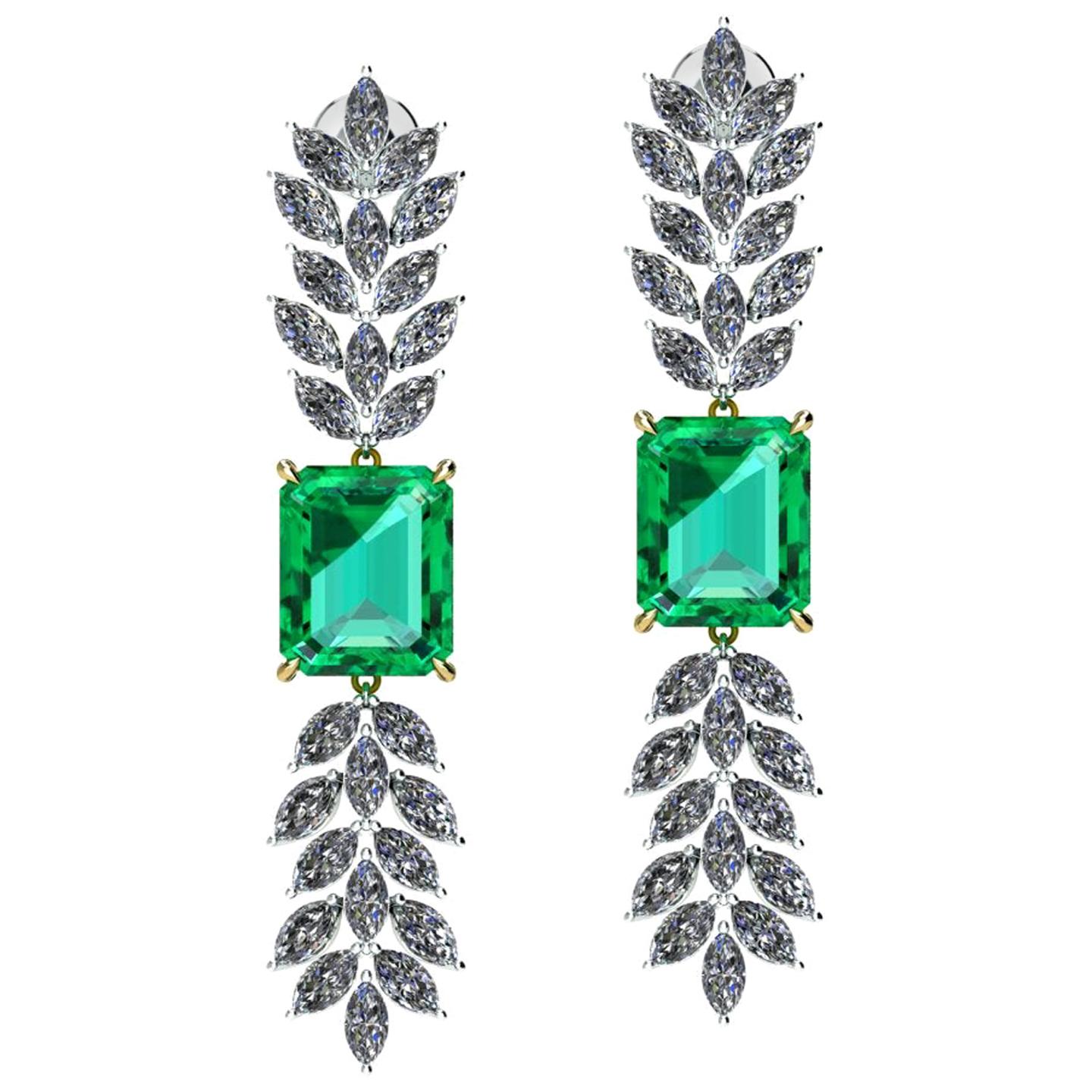 GRS Certified 6.12 Carat Emeralds 2.5 Carat Marquise Diamonds Dangling Earrings