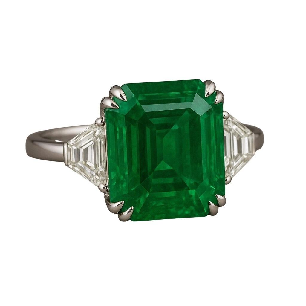 A magnificent statement of refined luxury, this exceptional three-stone ring features a 6.14 carat vivid green emerald, certified by GRS as natural and of Zambian origin. Masterfully cut in a classic step-cut octagonal shape, the emerald displays