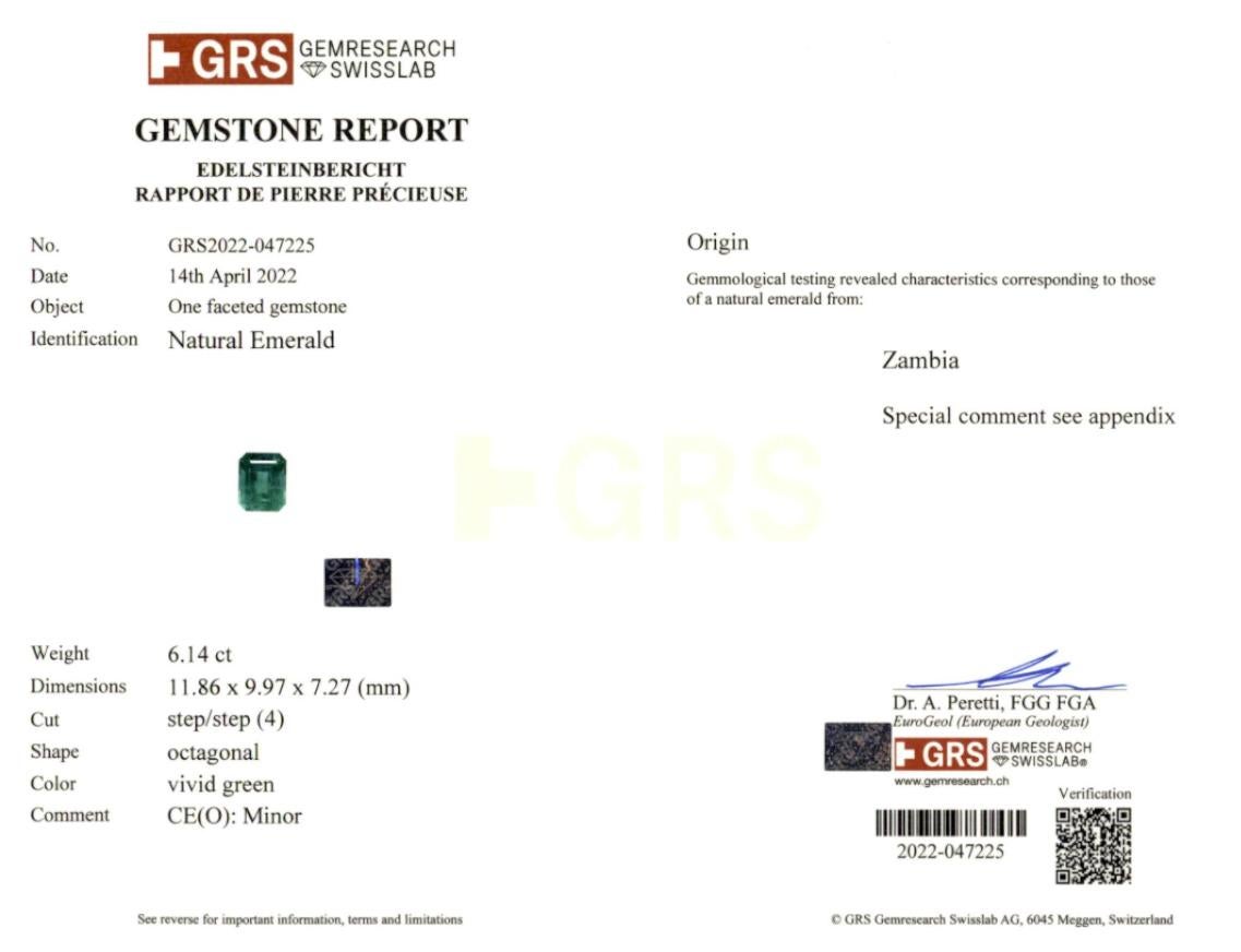Contemporary GRS Certified 6.14 Carat Vivid Green Minor Oil Emerald Platinum Cocktail Ring For Sale