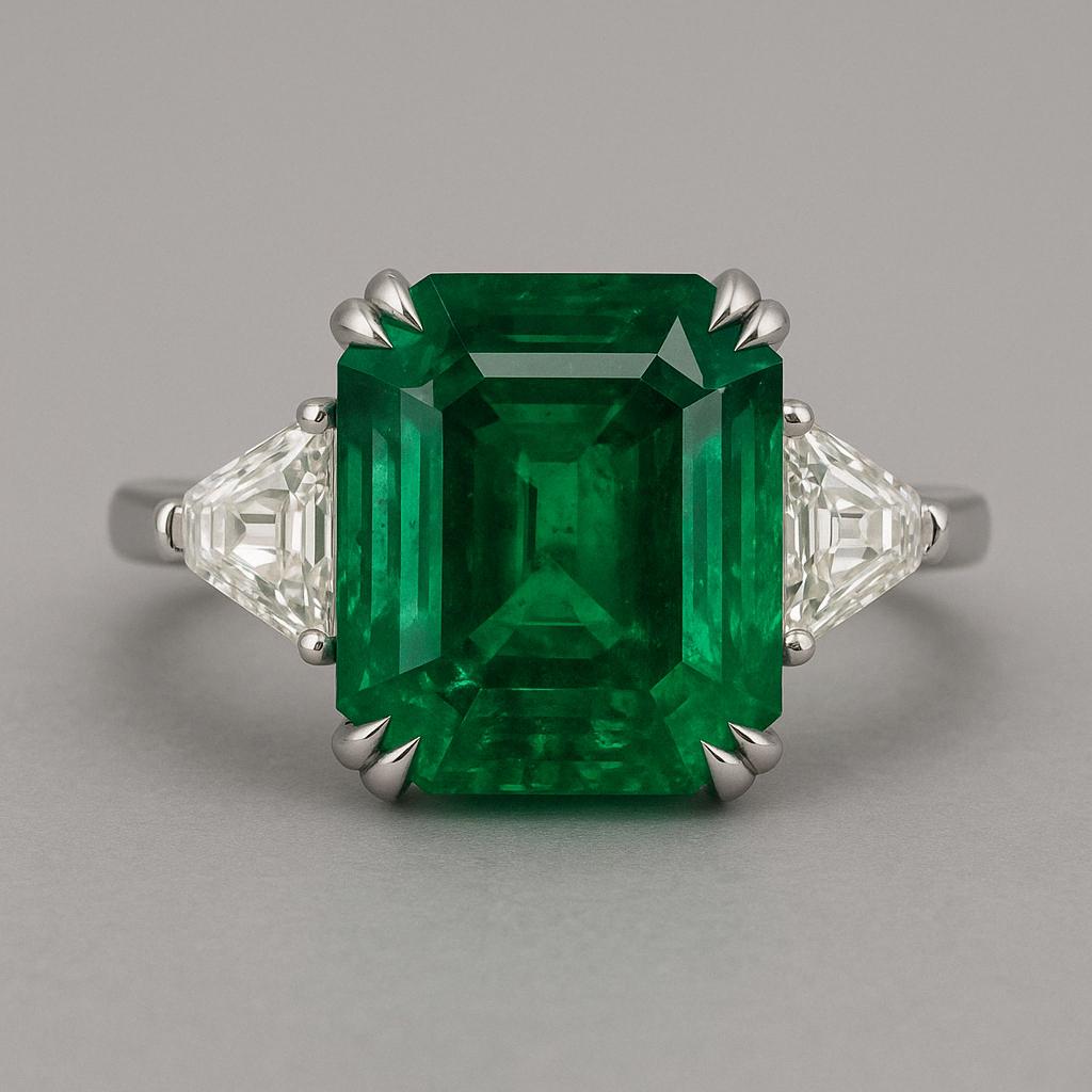 Emerald Cut GRS Certified 6.14 Carat Vivid Green Minor Oil Emerald Platinum Cocktail Ring For Sale