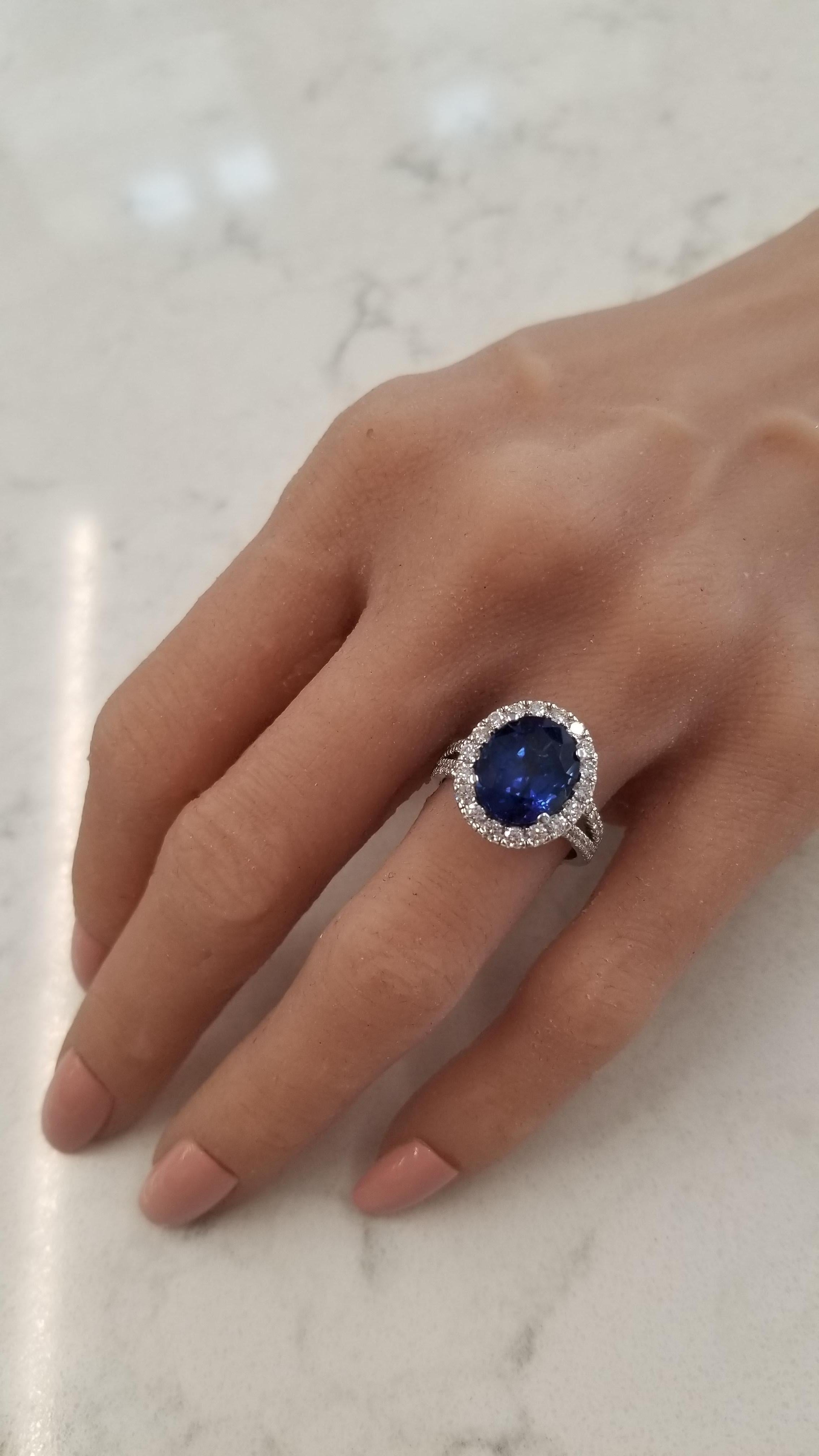 GRS Certified 6.18 Carat Oval Sapphire & Diamond Cocktail Ring In 18K White Gold 2