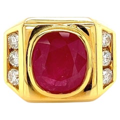 GRS Certified 6.2 Carat Ruby & Diamond Bezel Set 14K Gold Gypsy Style Mens Ring
