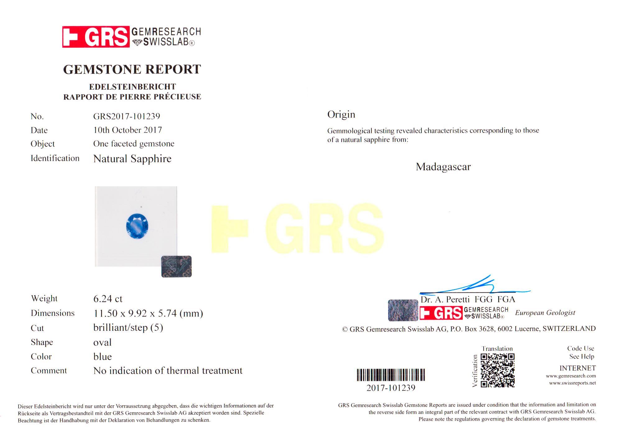GRS Certified 6.24 Carat Blue Sapphire Unheated and Untreated Ring In New Condition For Sale In Chicago, IL