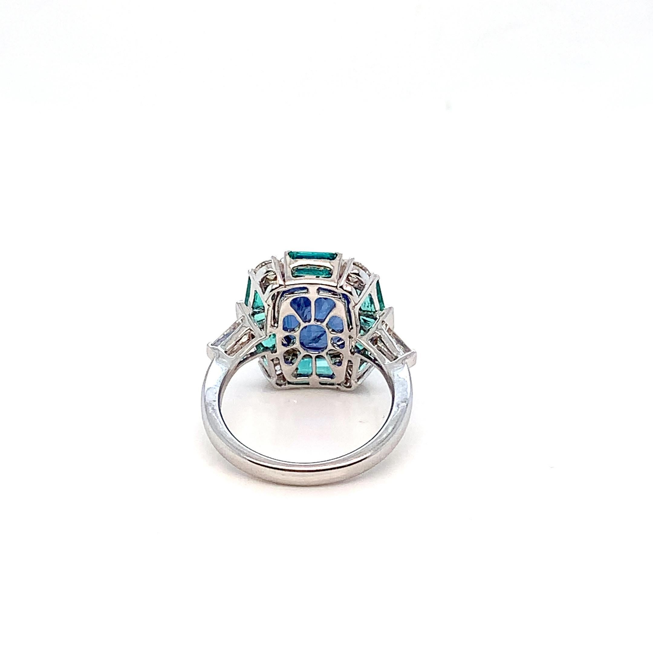 Cushion Cut GRS Certified 6.24 Carat Burmese Blue Sapphire and Emerald Cocktail Ring For Sale