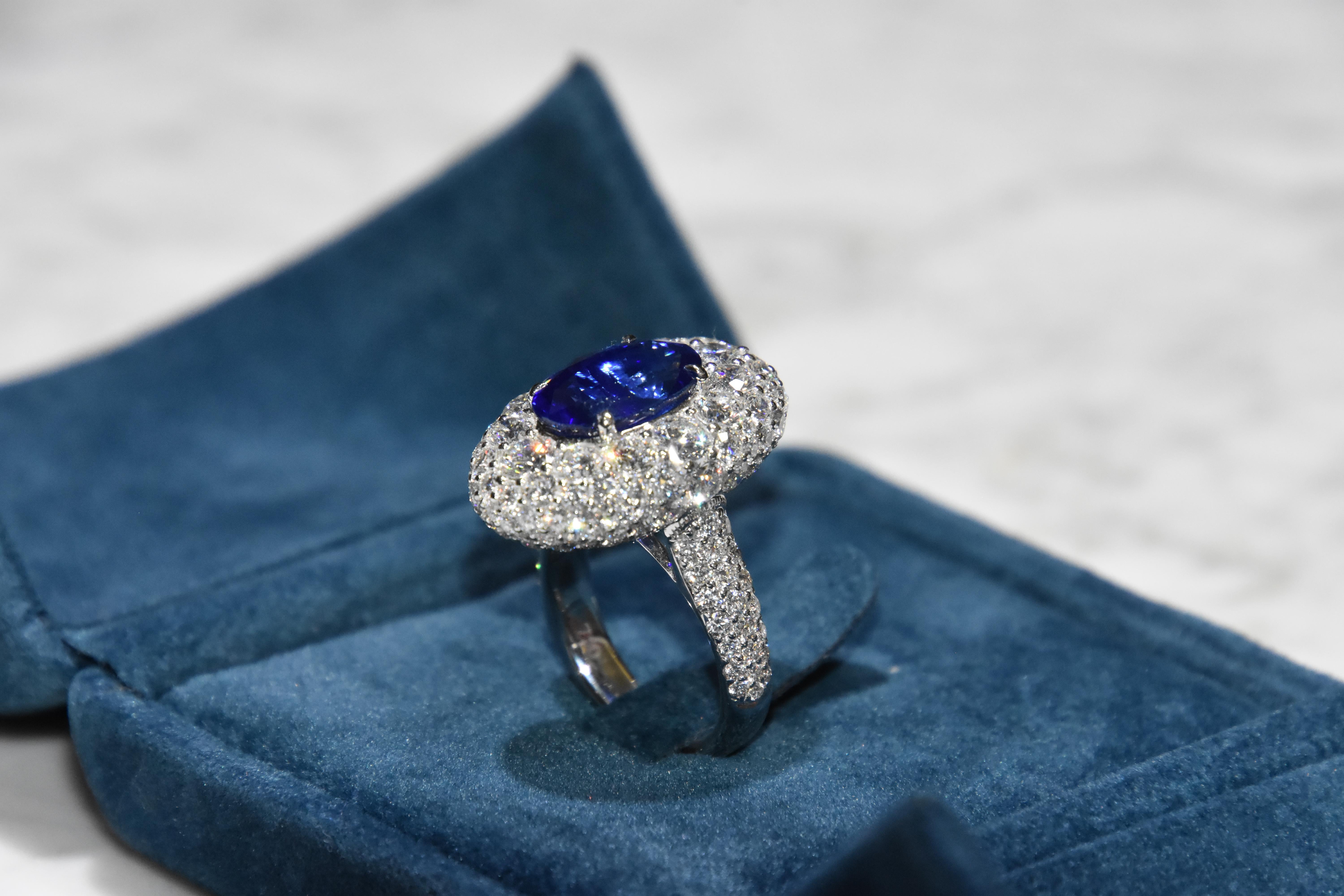 Oval Cut GRS Certified 6.24 Carat Ceylon Blue Sapphire Ring 'Heated' For Sale