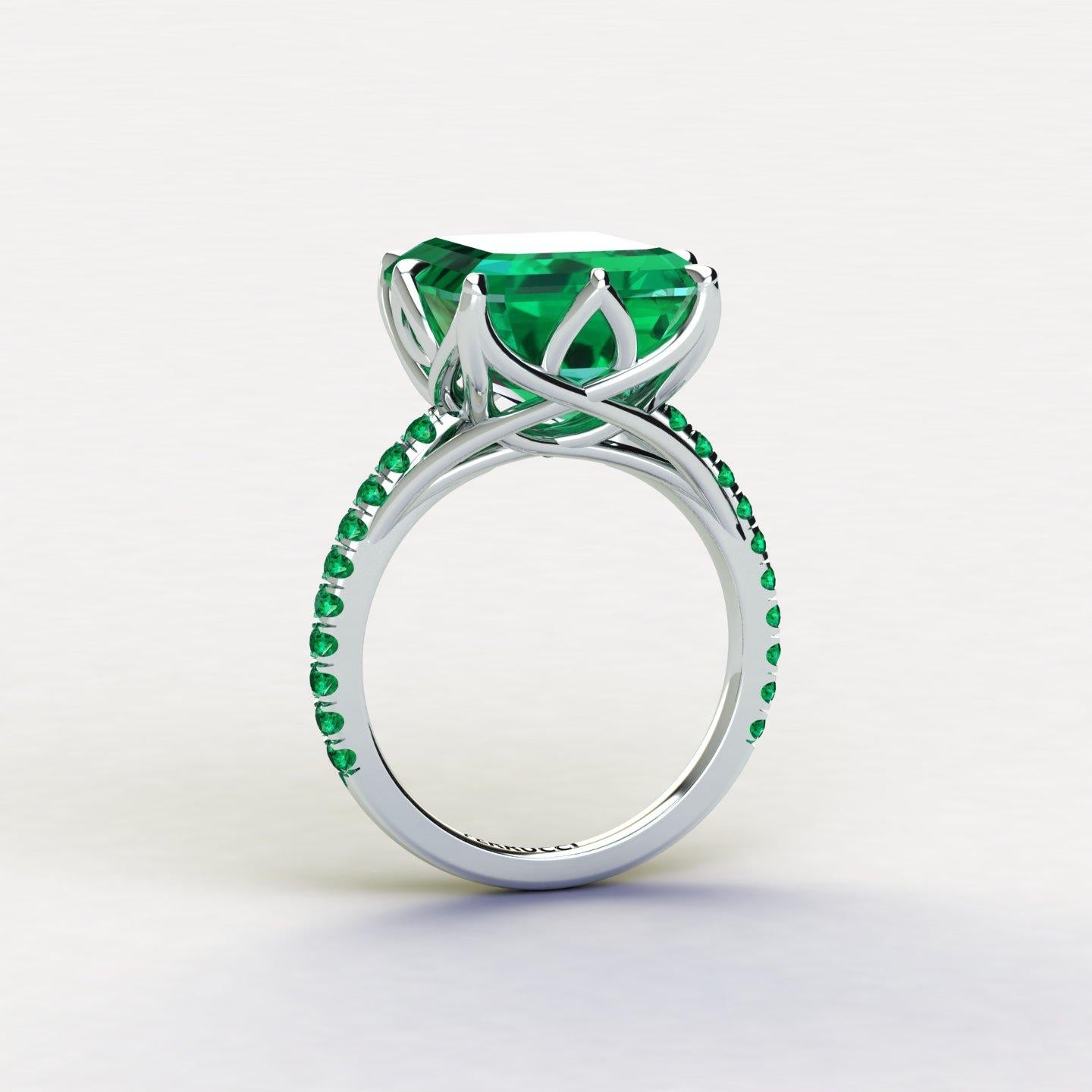 GRS Certified 6.31 carat Colombian emerald cut Emerald ring, very high quality color,  embellished by a pave' of bright green emeralds of approximately  a total carat weight of 0.32 carat, set in a hand crafted Platinum 950, created with the best