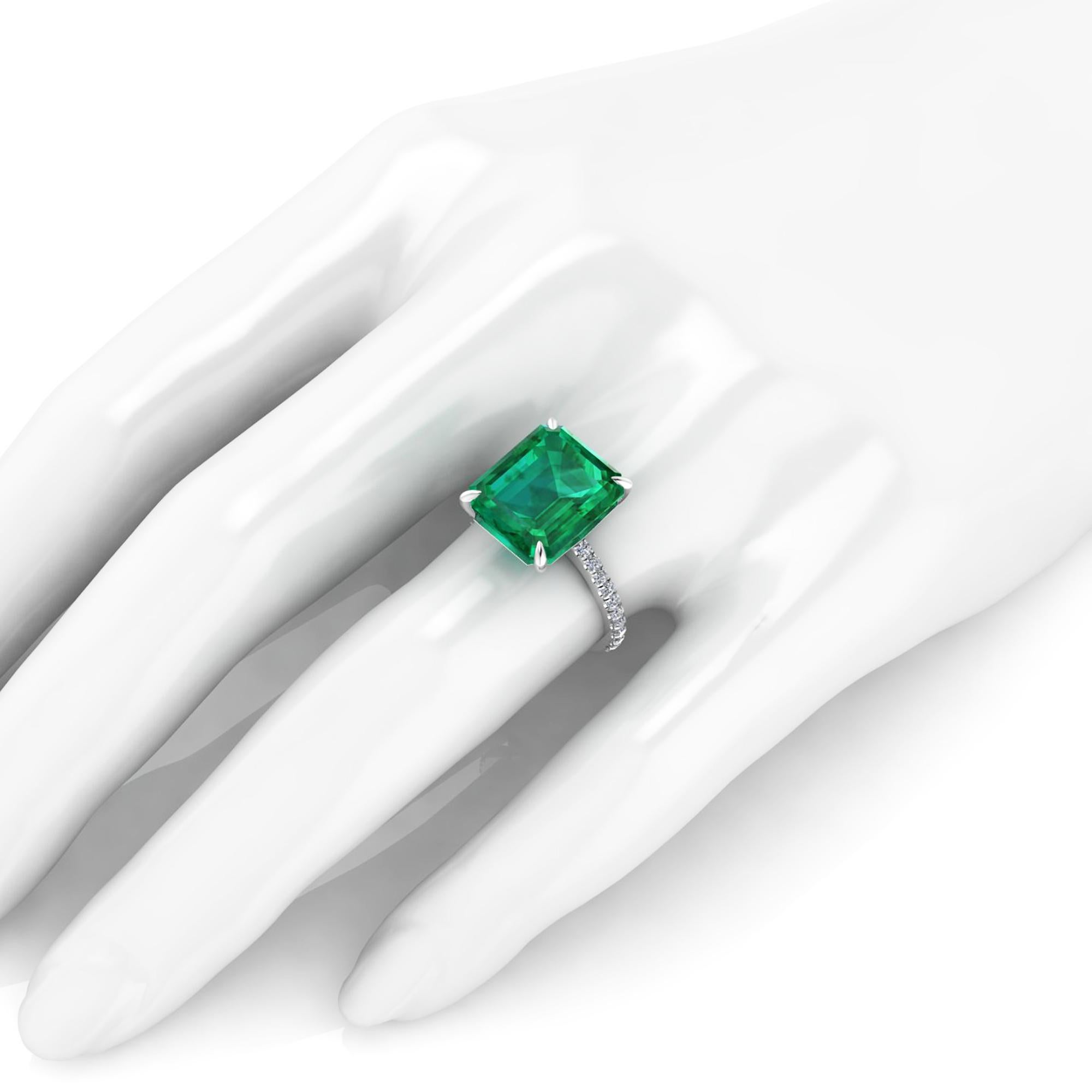 Women's GRS Certified 6.31 Carat Emerald Cut Colombian Emerald Diamond Platinum Ring