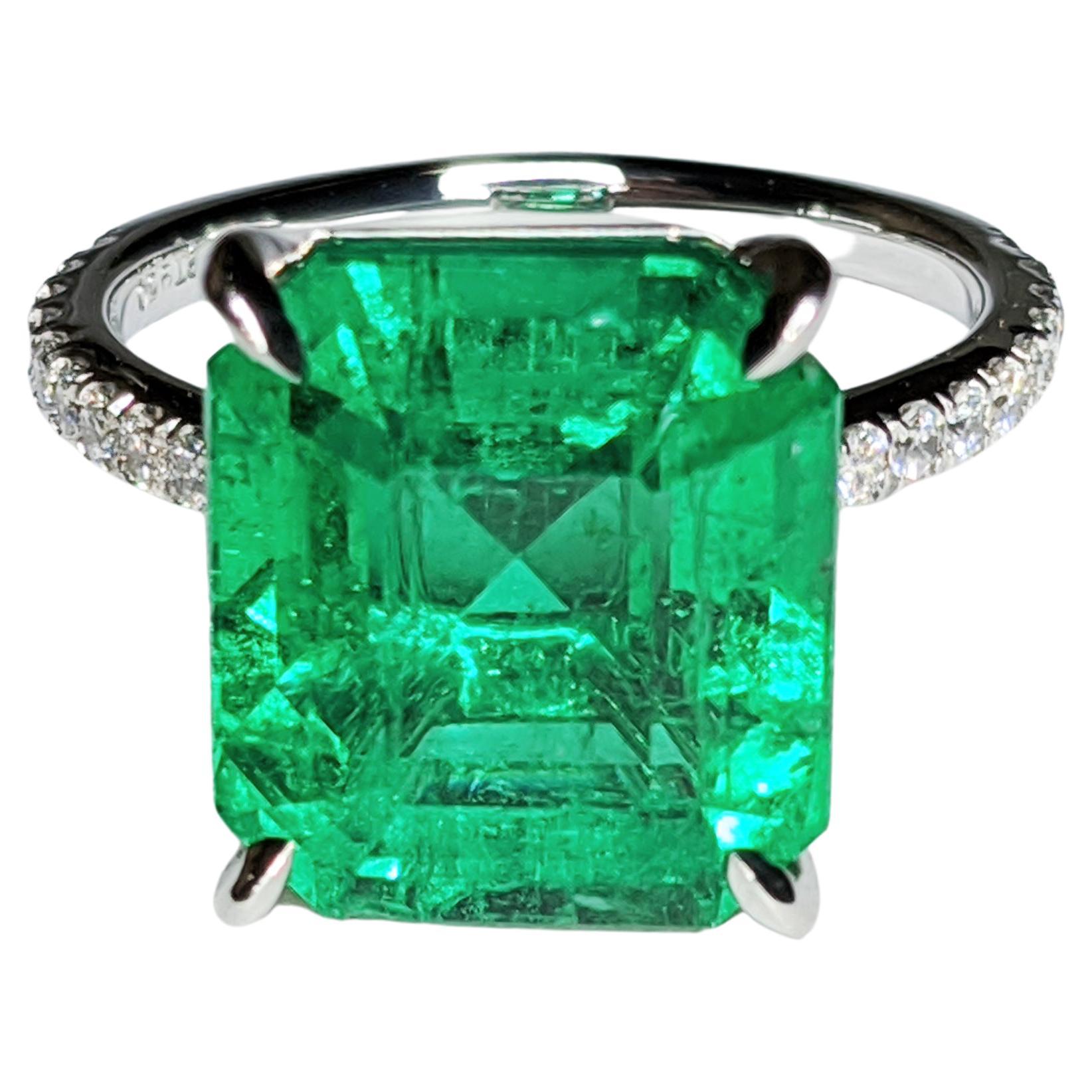 GRS Certified 6.31 Carat Emerald Cut Colombian Emerald Diamond Platinum Ring