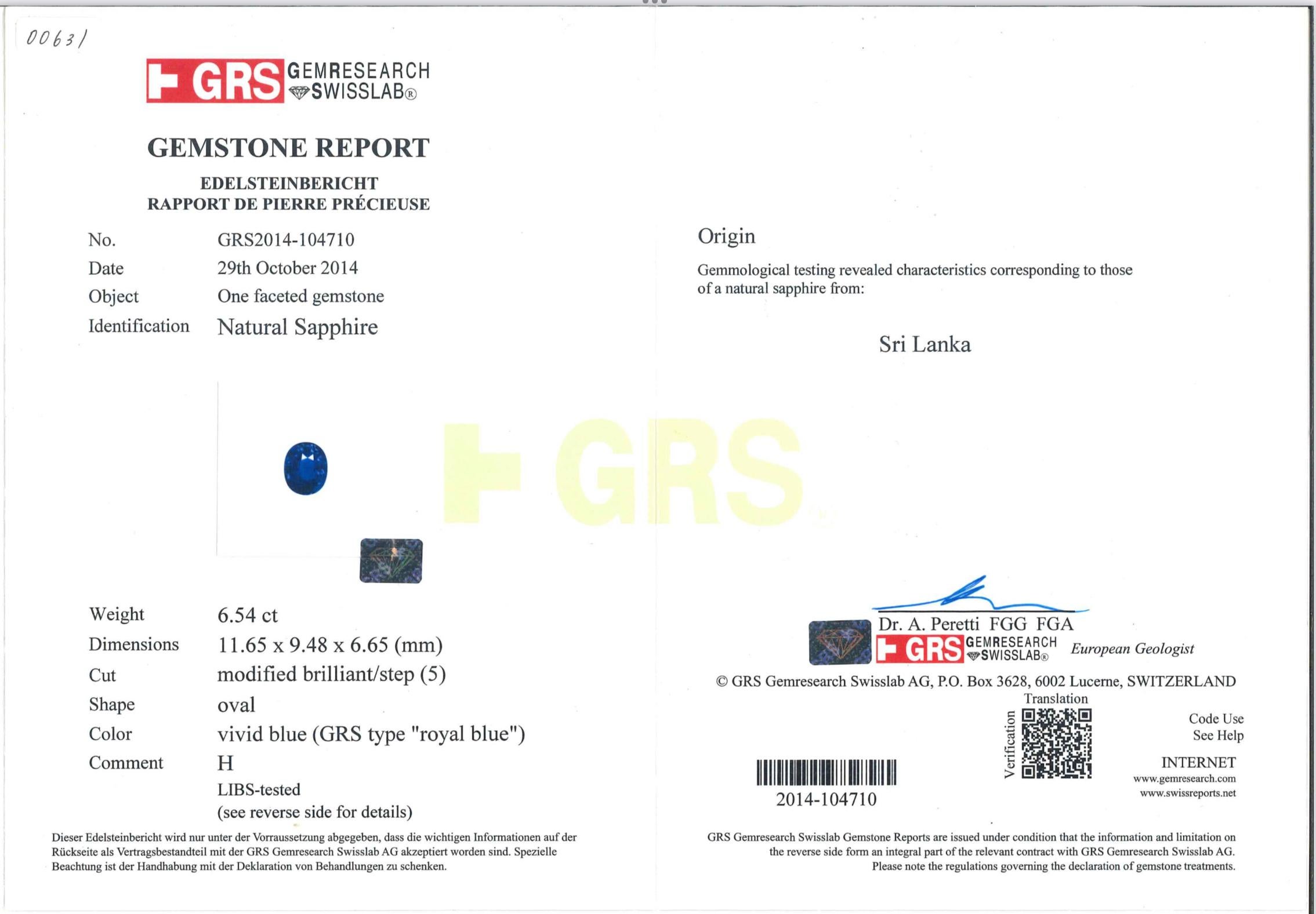 GRS Certified 6.54 ct Ceylon 