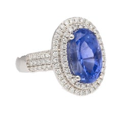 GRS Certified 6.34 Carat No Heat Sri Lanka Oval Blue Sapphire & Diamond Ring