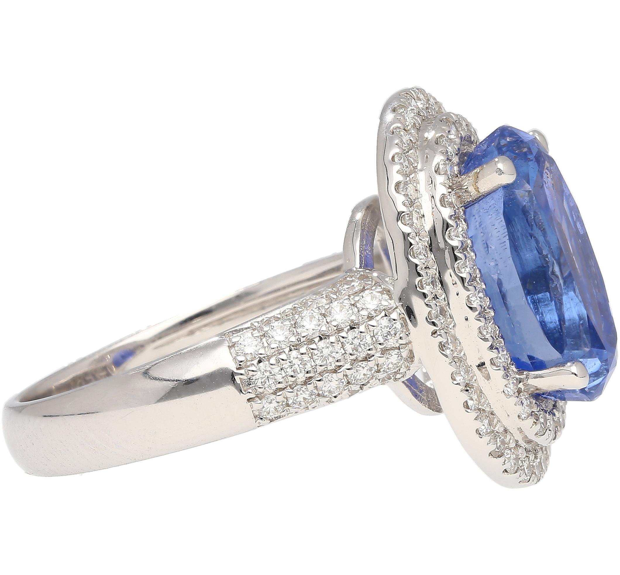 GRS-zertifizierter 6,34 Karat unbehandelter Ring aus Sri Lanka mit ovalem blauem Saphir und Diamanten  (Ovalschliff) im Angebot
