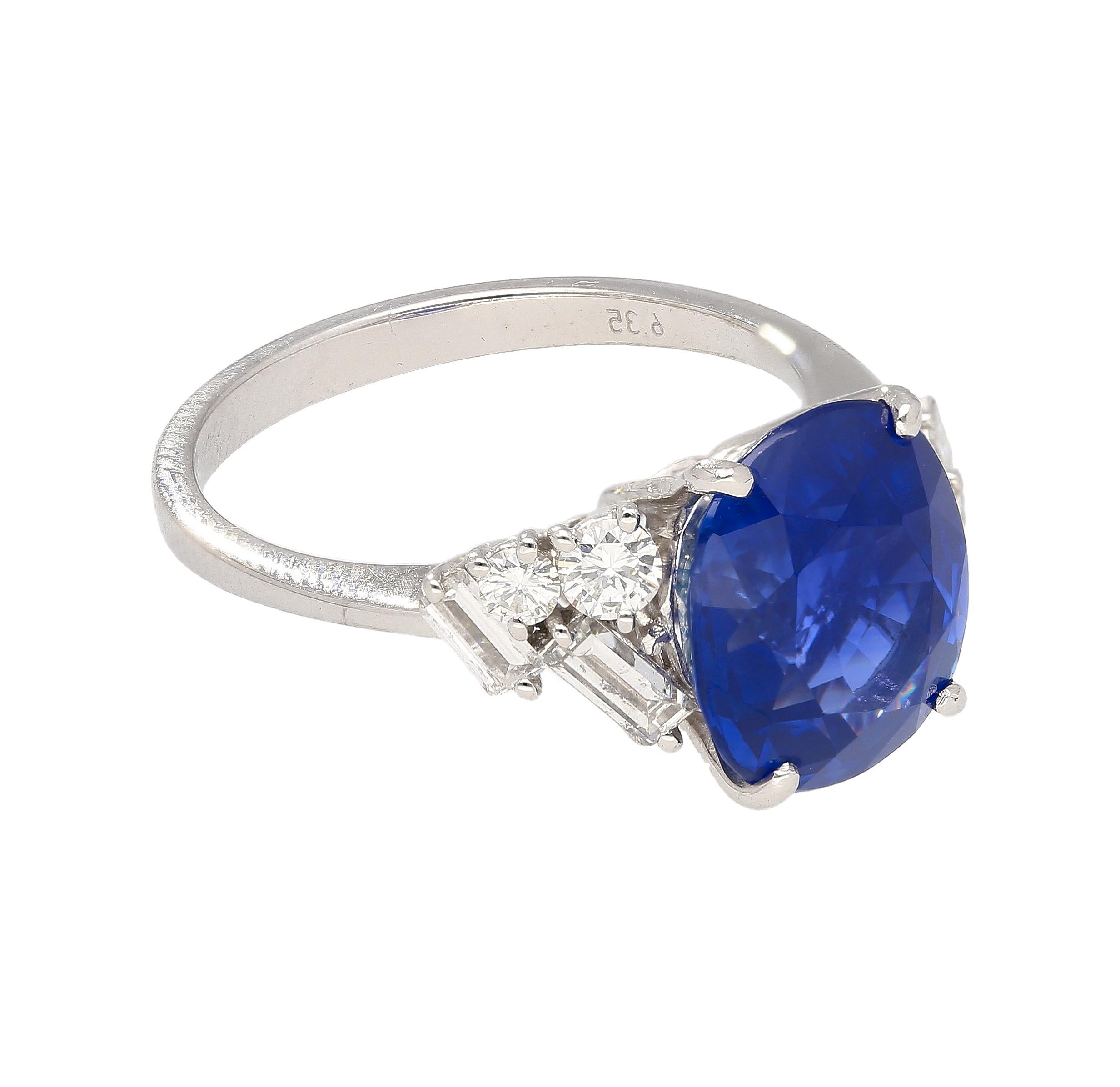 Women's GRS Certified 6.35 Carat Royal Blue Sapphire with Diamonds in Platinum Ring For Sale