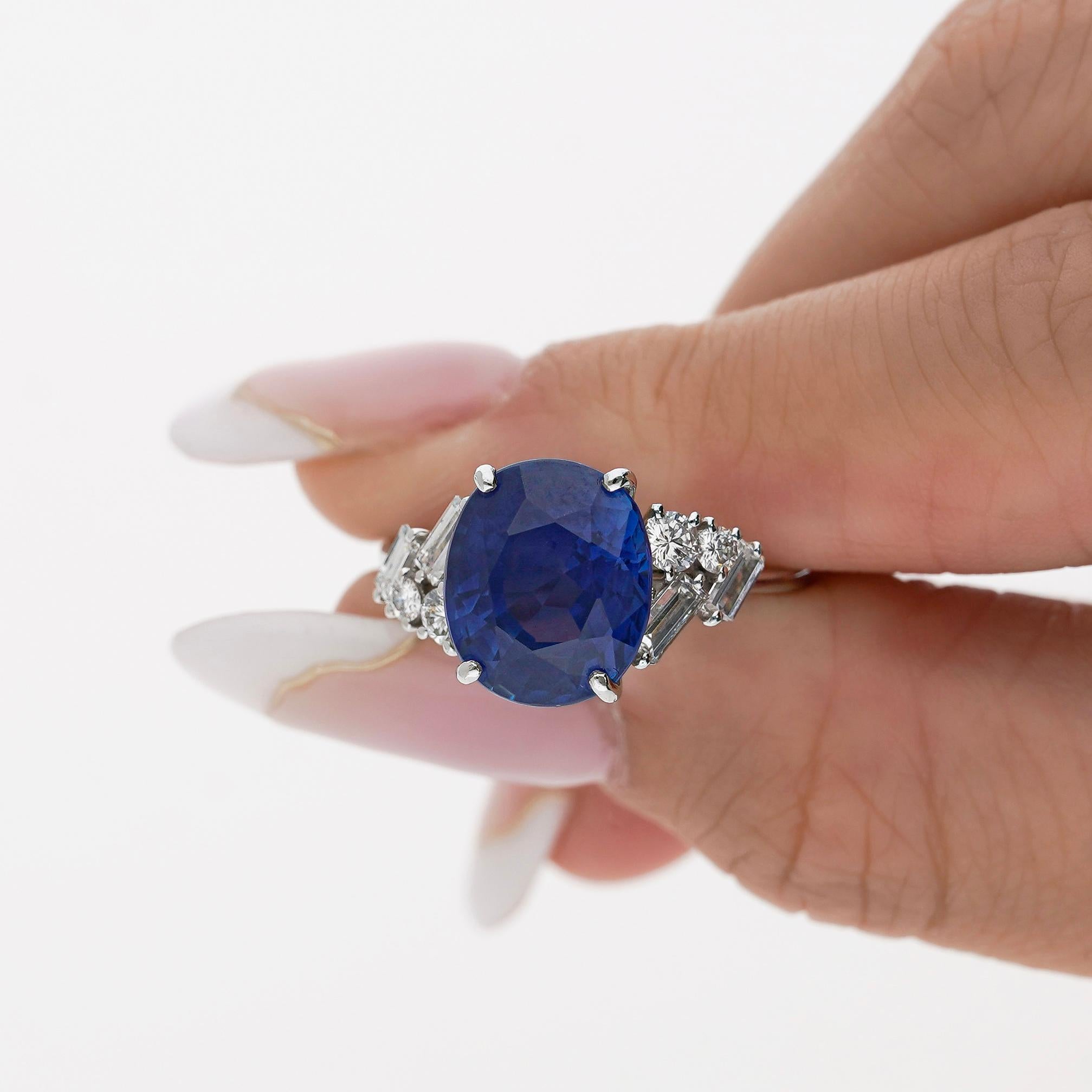 GRS Certified 6.35 Carat Royal Blue Sapphire with Diamonds in Platinum Ring For Sale 3