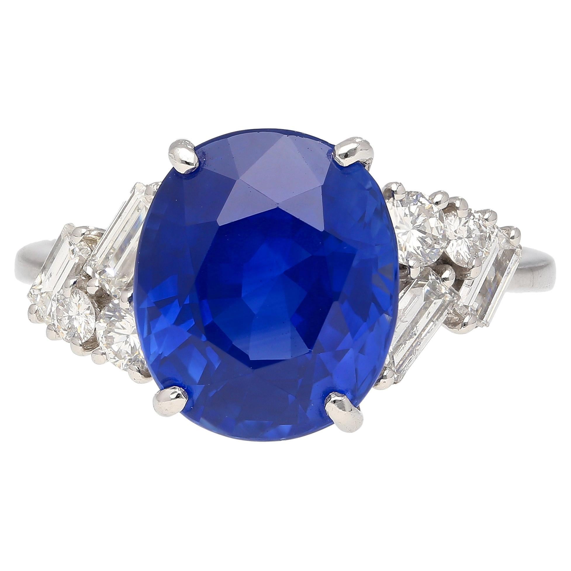 GRS Certified 6.35 Carat Royal Blue Sapphire with Diamonds in Platinum Ring For Sale