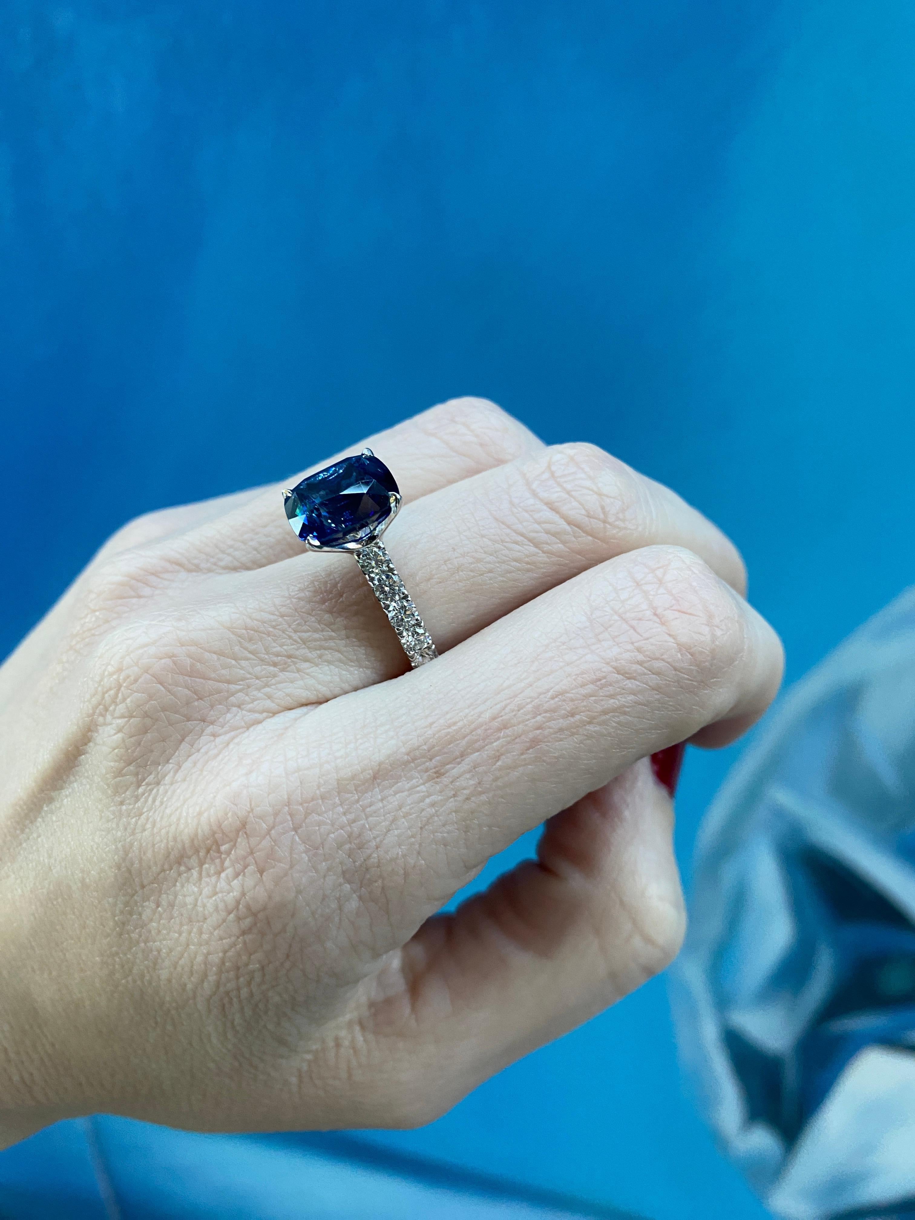 GRS Certified 6.44 Carat Cushion Cut Sri Lankan Sapphire and Diamond Ring  For Sale 11