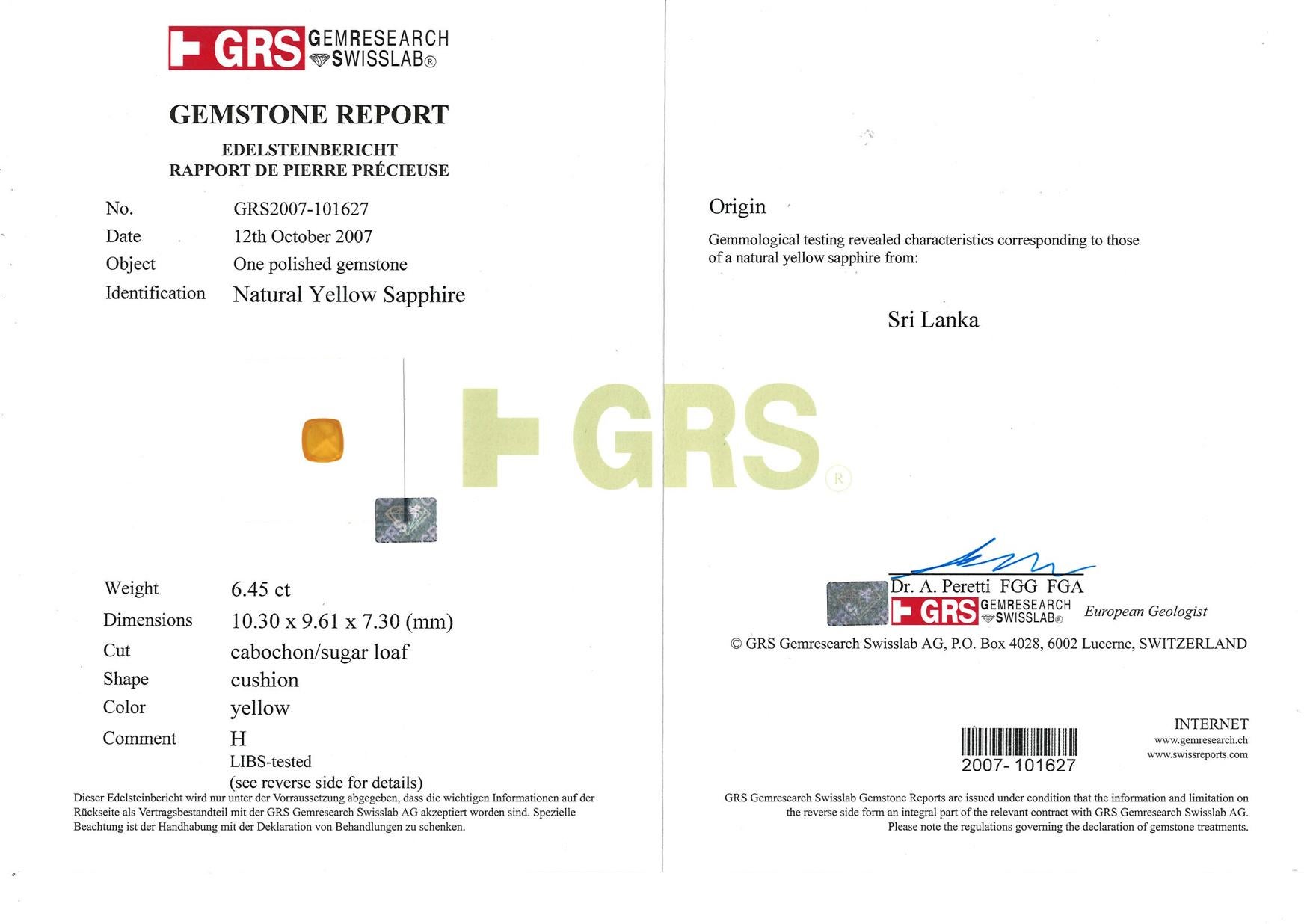 GRS Certified 6.45 Carat Yellow Sapphire Diamonds 18 Karat Yellow Gold Ring For Sale 2