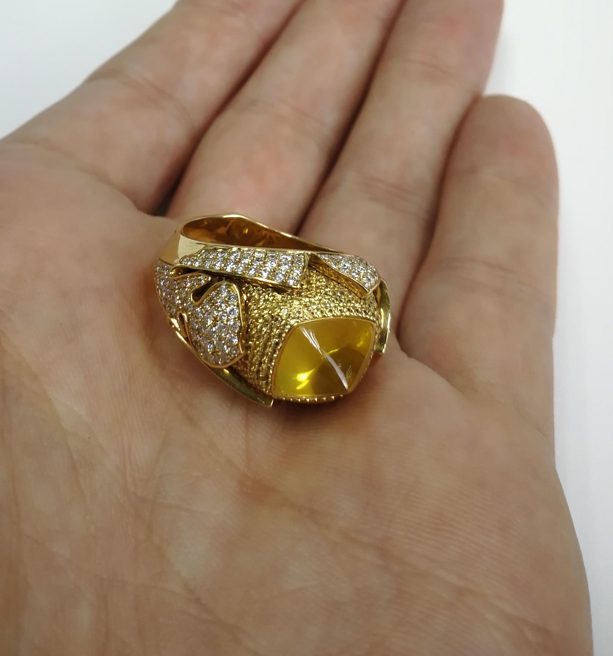 Cushion Cut GRS Certified 6.45 Carat Yellow Sapphire Diamonds 18 Karat Yellow Gold Ring For Sale