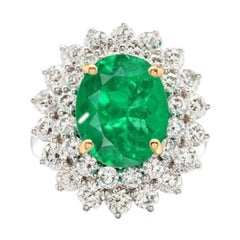 GRS Certified 6.5 Carat Colombian Emerald Diamond Halo Cocktail Ring