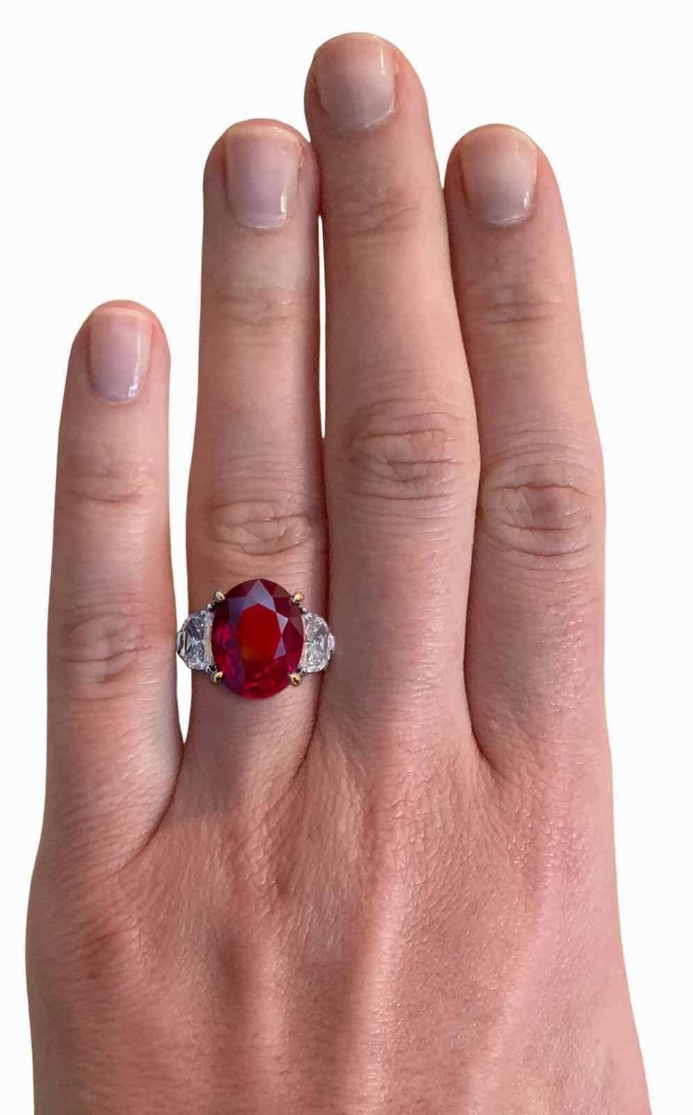 Oval Cut GRS Certified 6.50 Carat Burma Unheated Ruby Diamond Ring For Sale