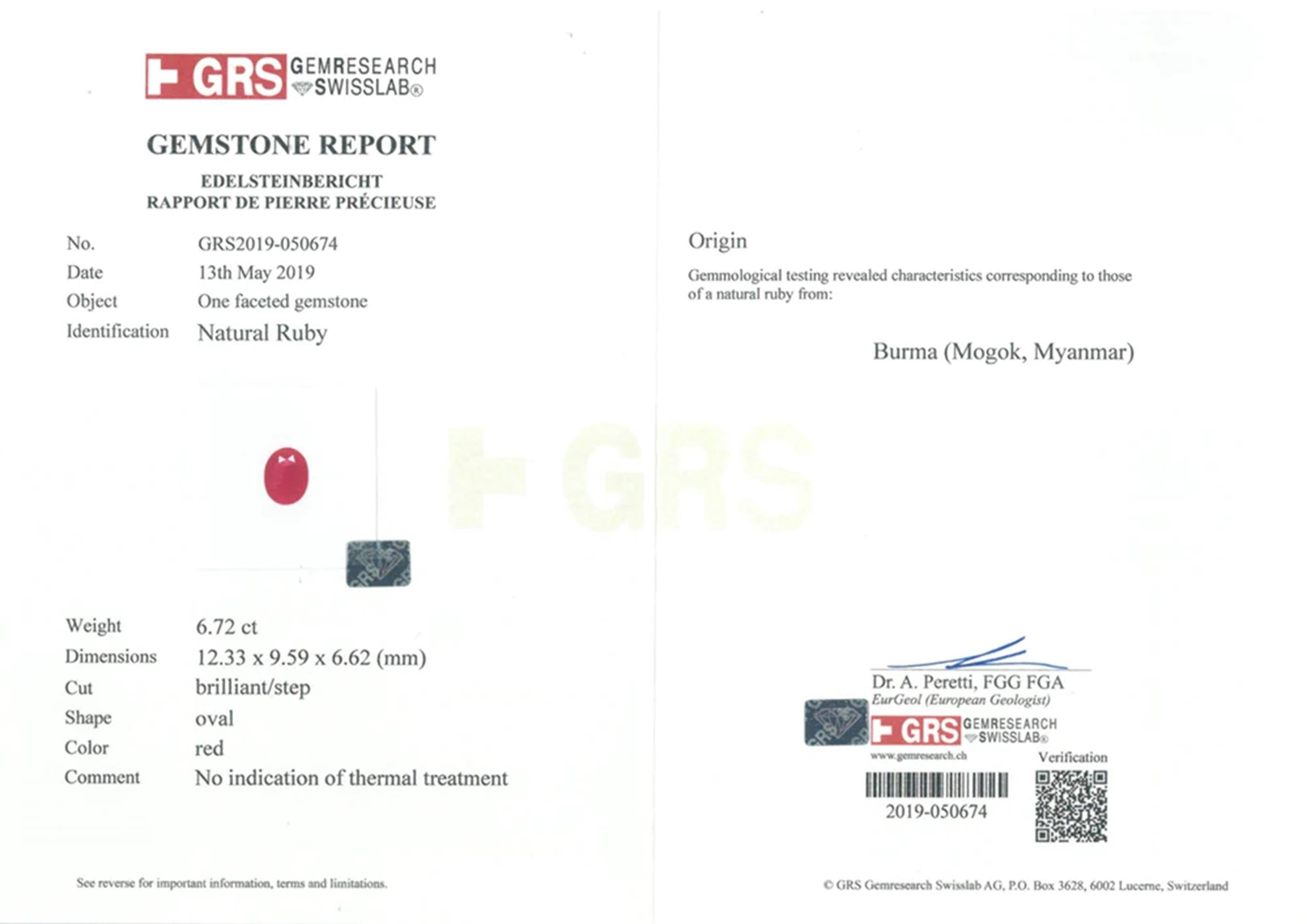 GRS-zertifizierter Diamantring mit 6.72 Karat natürlichem, unbehandeltem, unbehandeltem rotem Rubin (Ovalschliff) im Angebot
