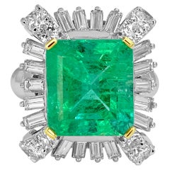GRS Certified 6.78 Carat Colombian Emerald and Baguette Diamond Platinum Ring