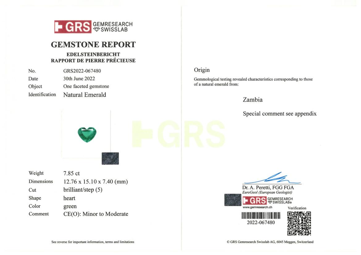 Pendentif émeraude en forme de cœur certifiée GRS de 7.85 carats  Unisexe en vente