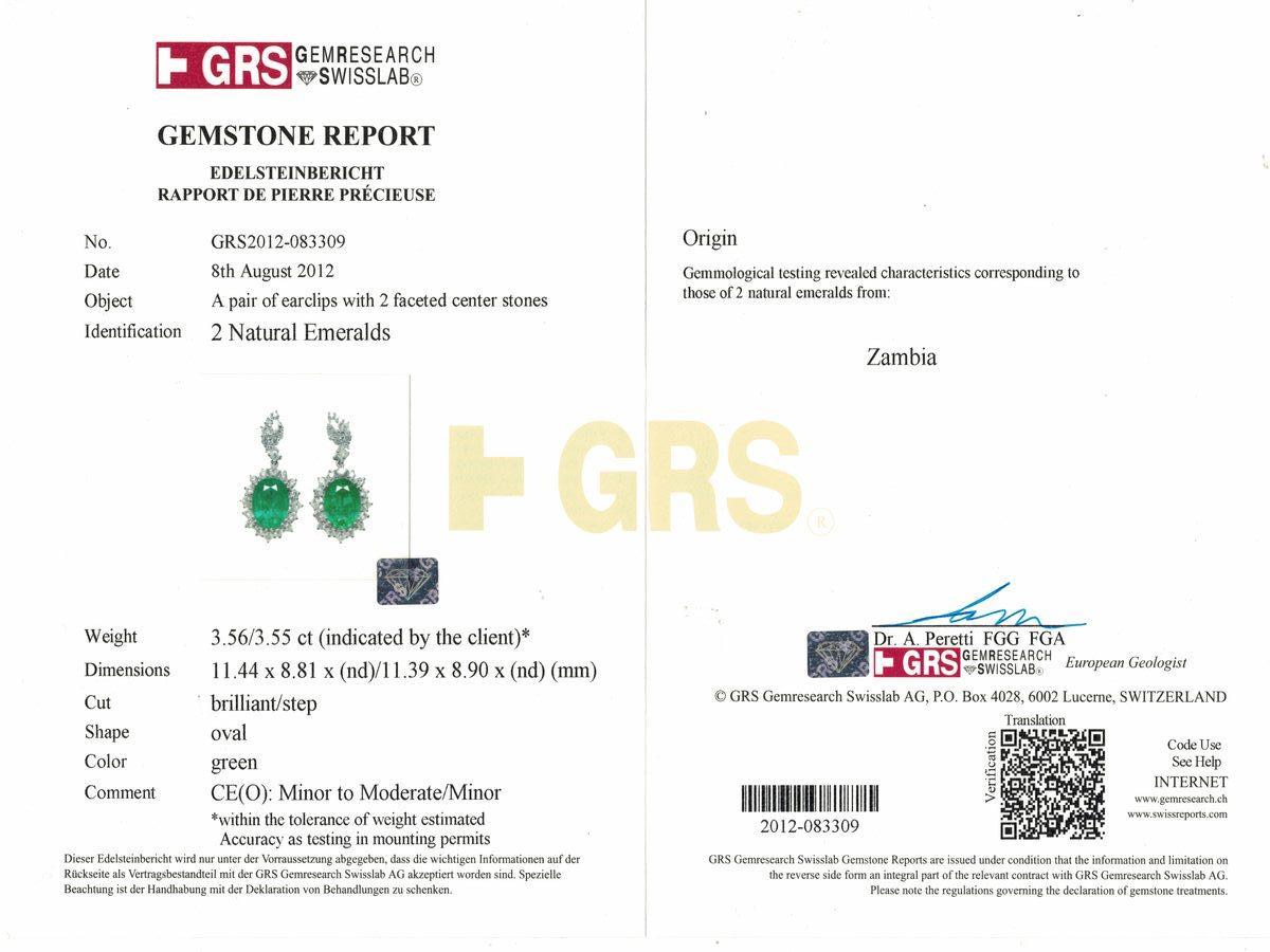 Contemporary GRS Certified 7.1 Carat Emerald and Diamond Earrings in 18 Karat White Gold For Sale