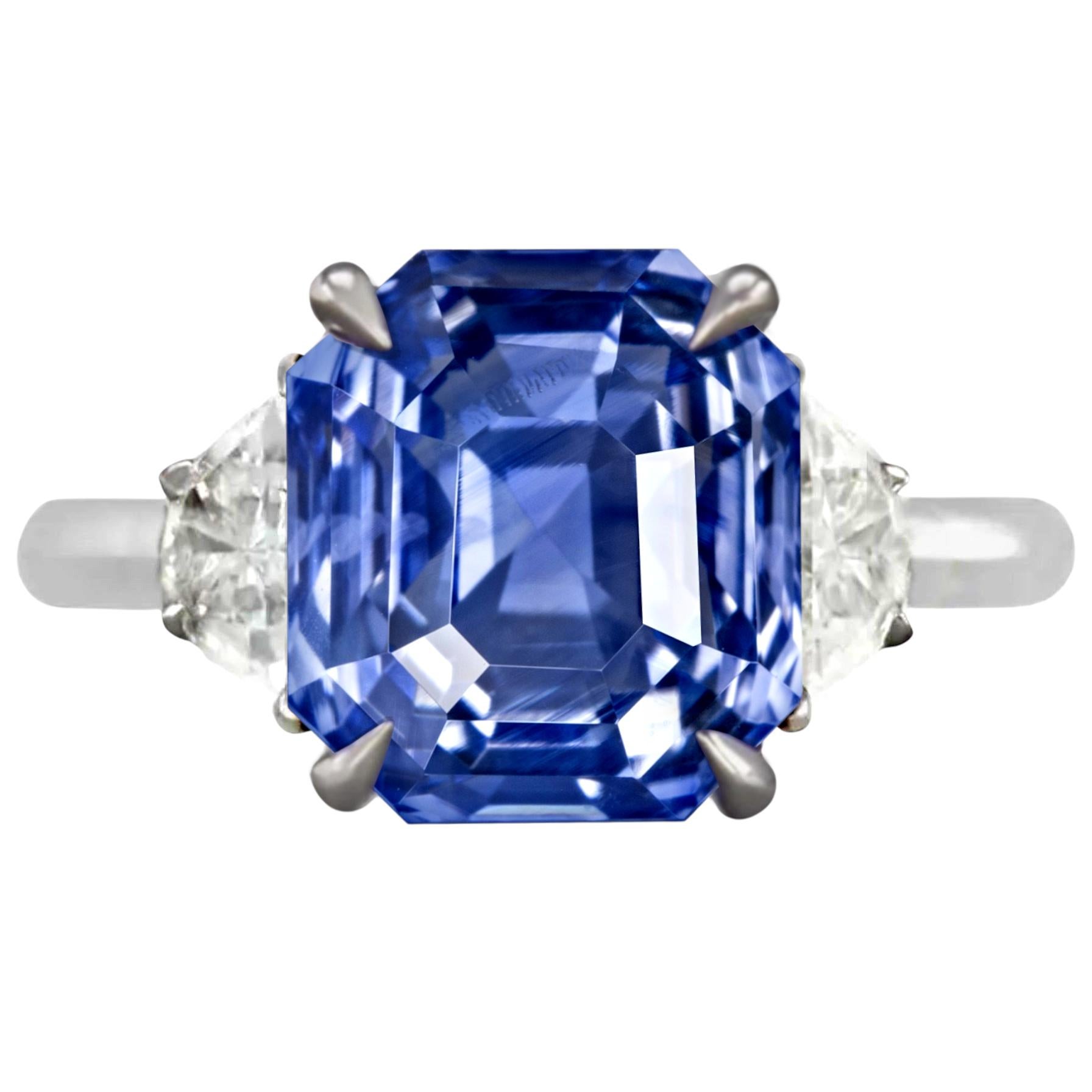 GRS Certified 7.15 Carat Blue Sapphire Emerald Cut Diamond Platinum Ring In New Condition For Sale In Chicago, IL