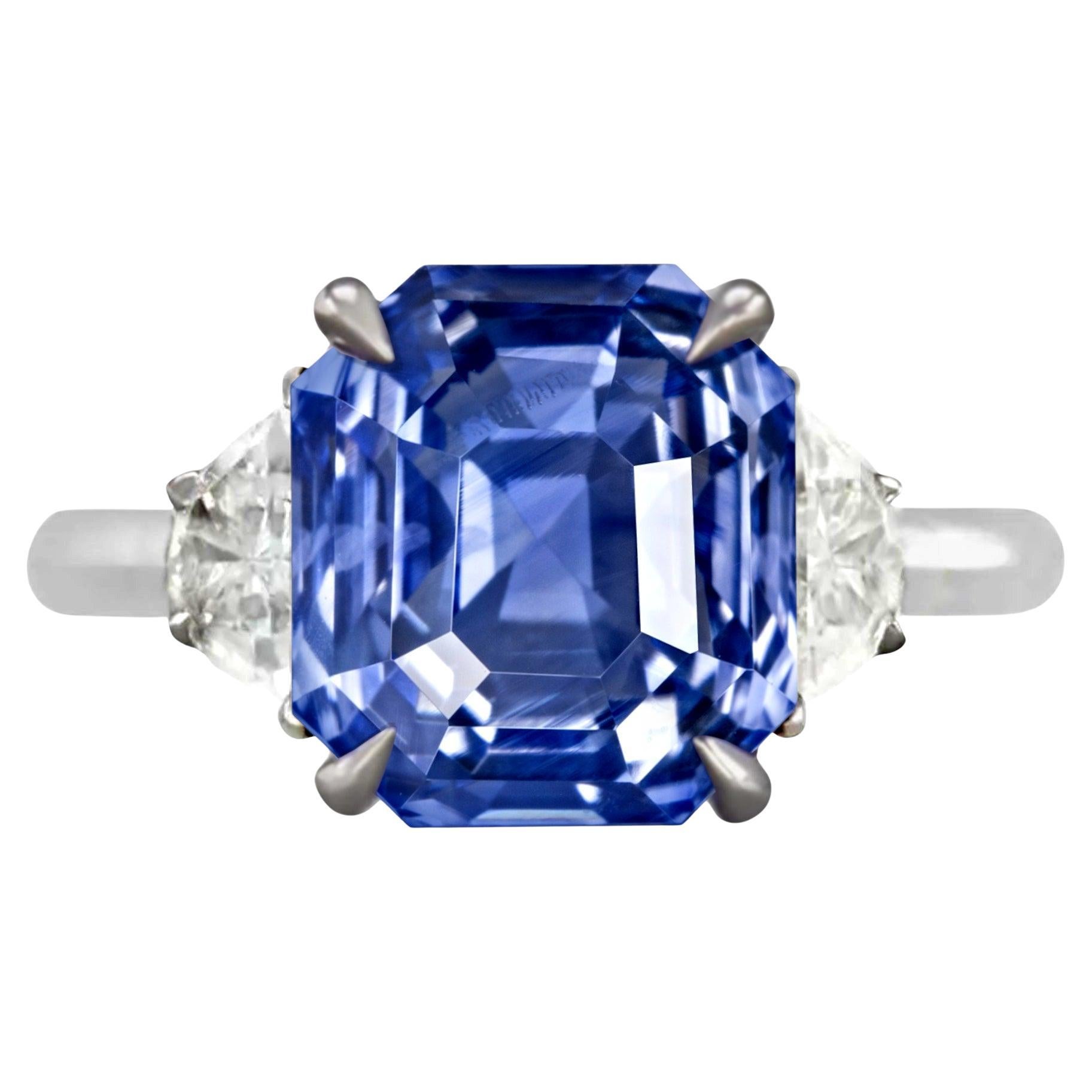 GRS Certified 7.15 Carat Blue Sapphire Emerald Cut Diamond Platinum Ring For Sale