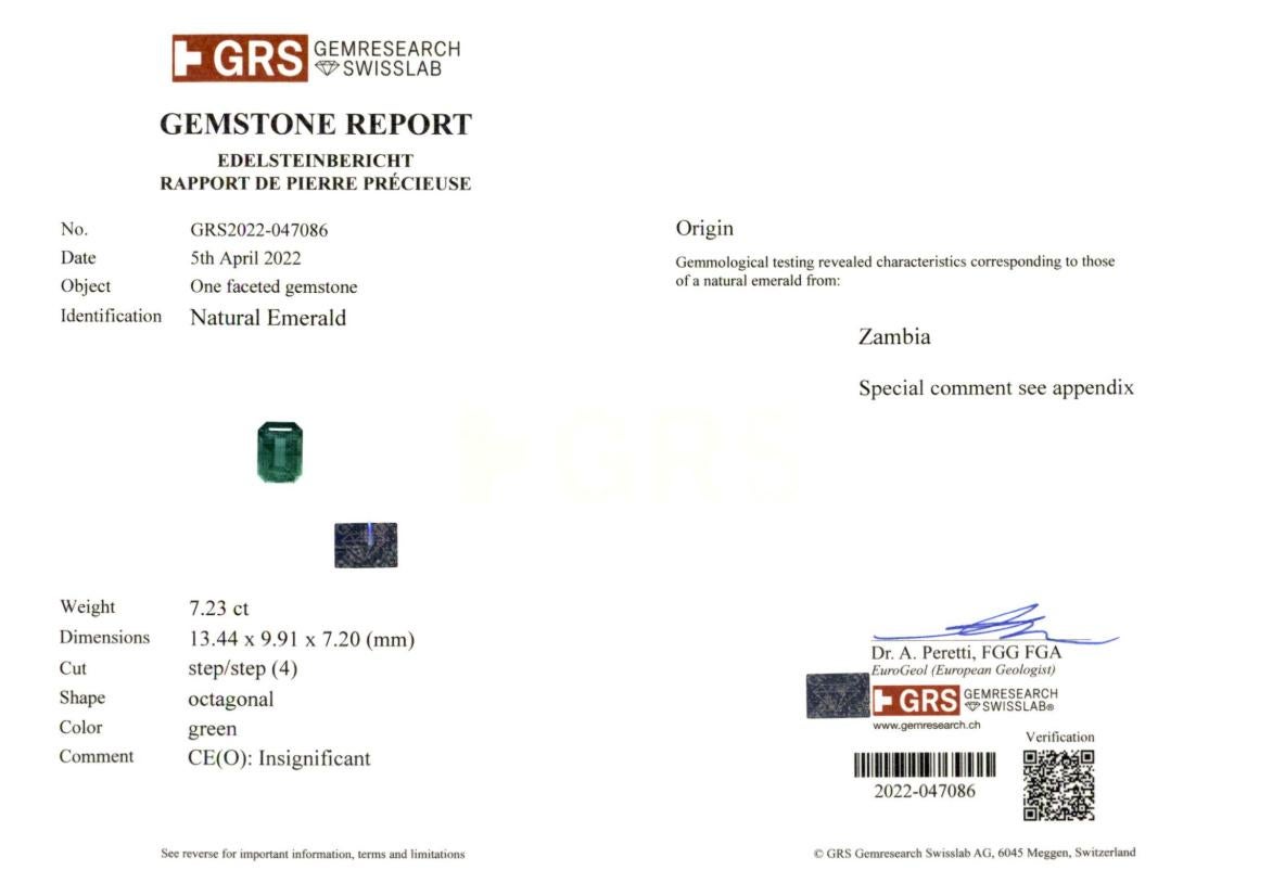 Emerald Cut GRS Certified 7.23 Carat Emerald Shape Green Emerald Diamond Platinum Ring For Sale