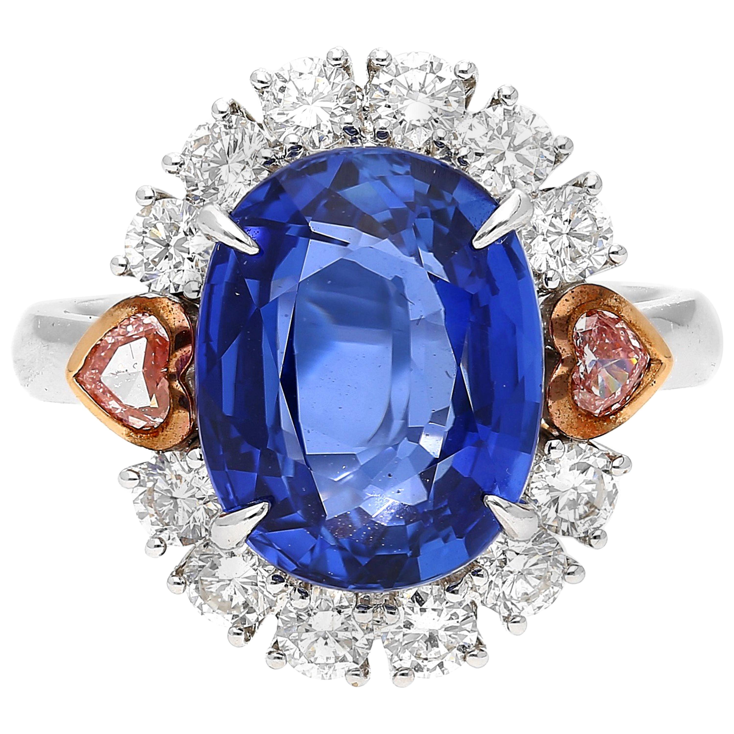 GRS Certified 7.25 Carat Oval-Cut Unheated Ceylon Sapphire and Diamond Ring For Sale
