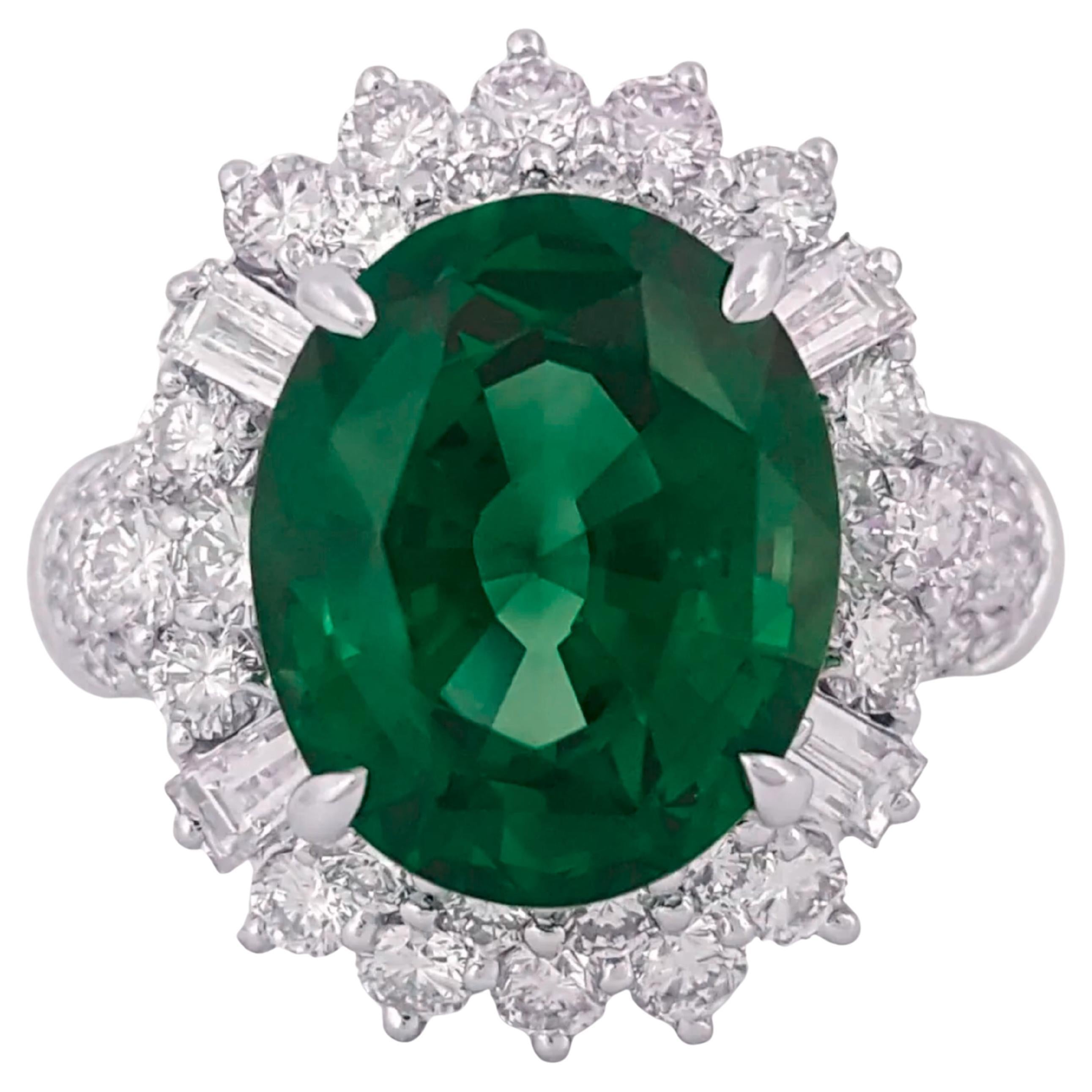 GRS Certified 7.30 Carat Green Emerald Pave Diamond Ring