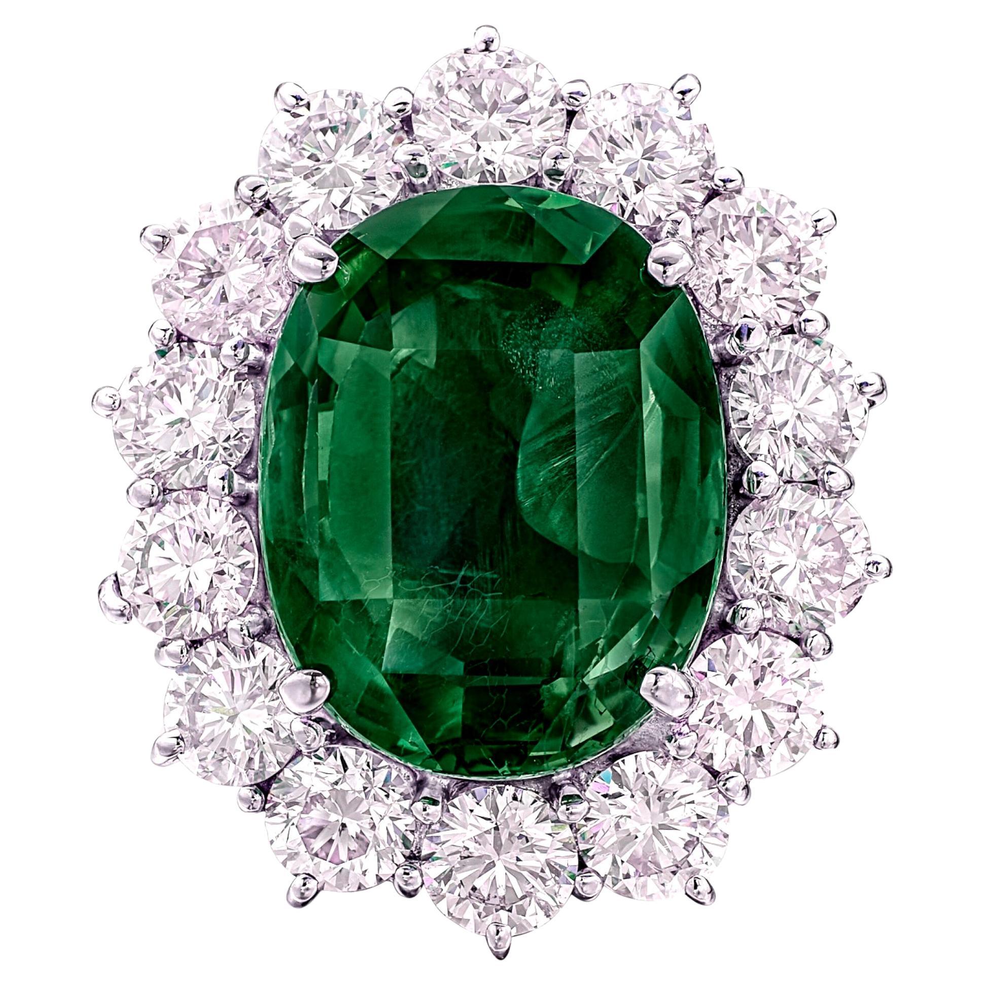 GRS Certified 7.30 Carat Vivid Green Emerald MINOR OIL Diamond Cocktail Ring