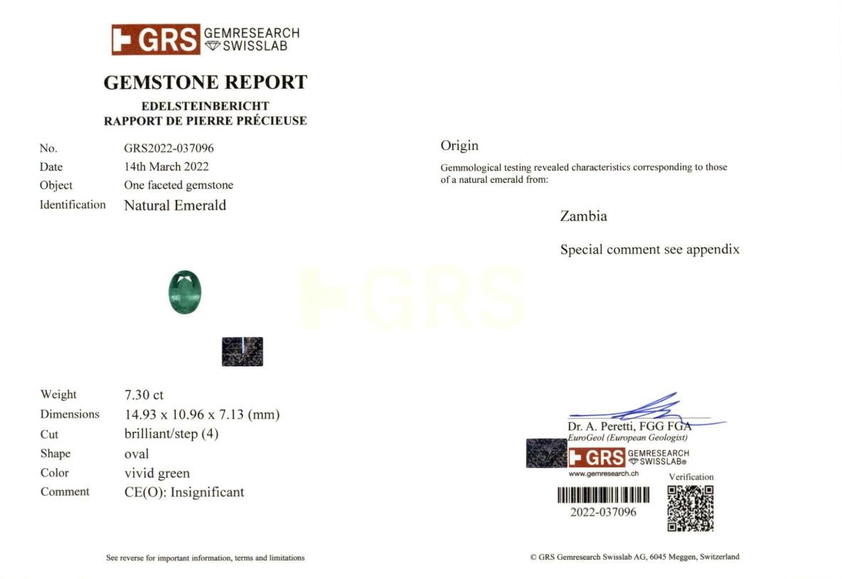 Oval Cut GRS Certified 7.30 Carat  Zambian Emerald Diamond Halo 18K White Gold Ring For Sale