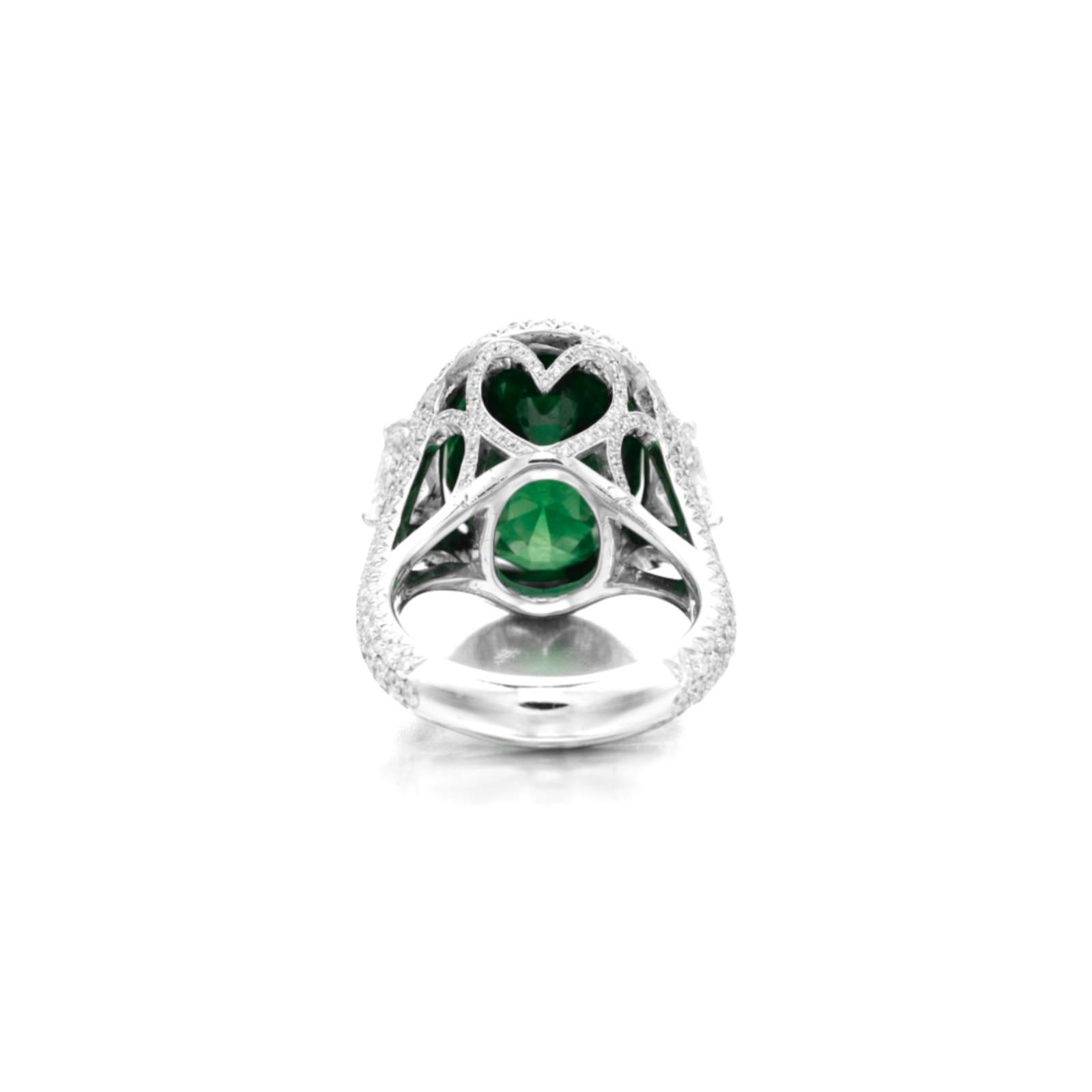 Contemporary GRS Certified 7.33 Green Emerald Diamond Platinum Ring For Sale