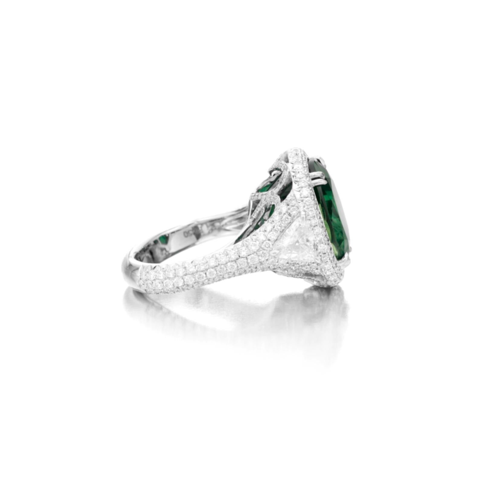 Oval Cut GRS Certified 7.33 Green Emerald Diamond Platinum Ring For Sale