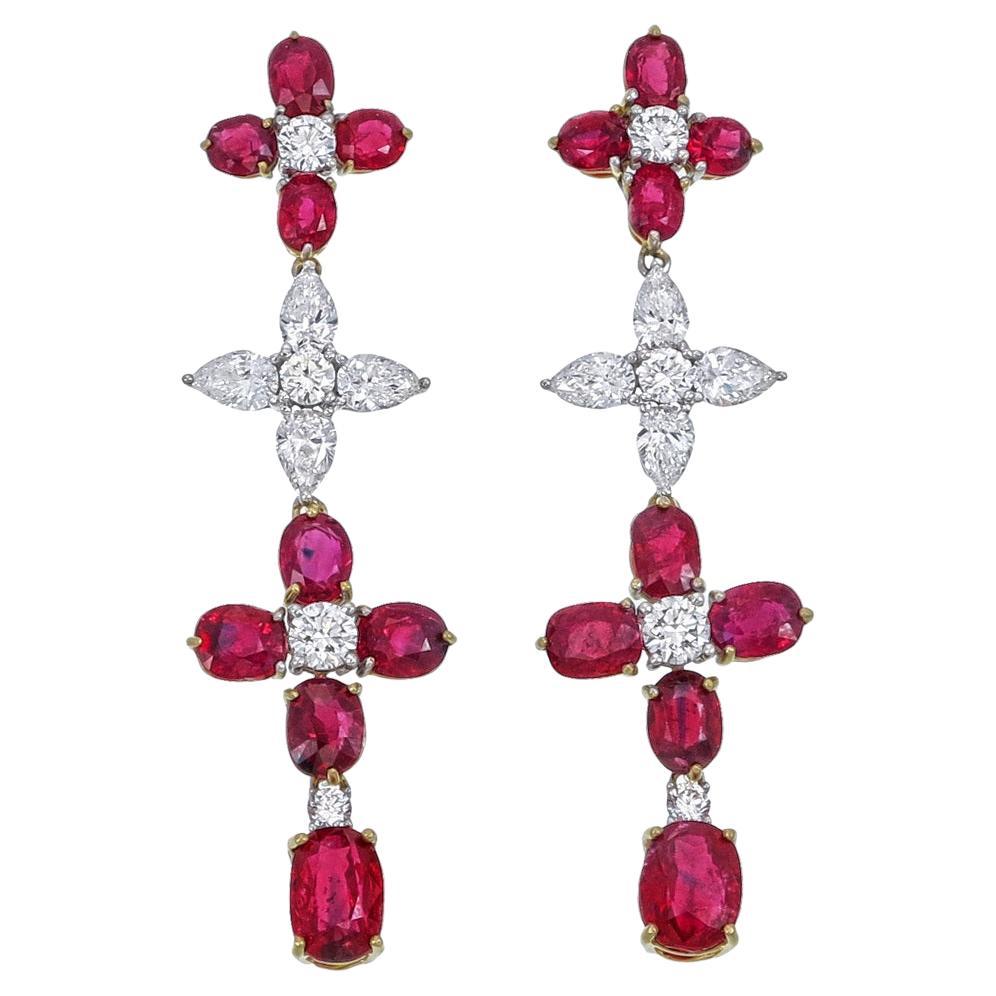Boucles d'oreilles chandelier en rubis et diamants de 7.37 carats certifiés GRS (Burma No Heat)