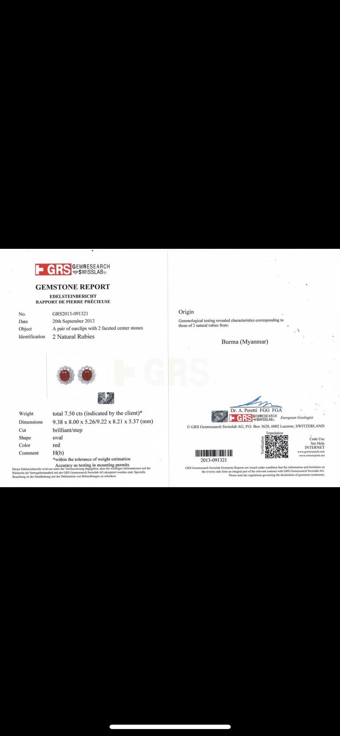 GRS Certified 7.50 Carat Burma Ruby and Diamond Earring Studs 1