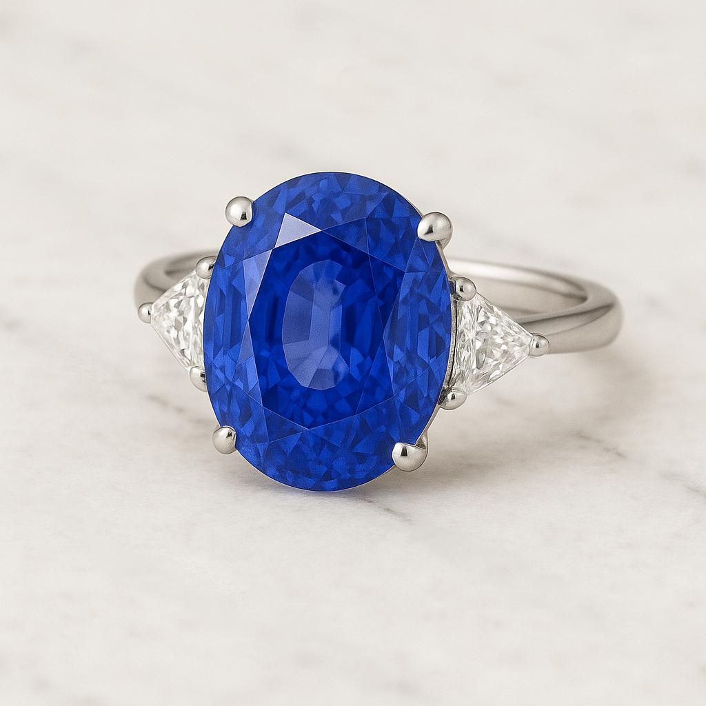 This exceptional three-stone ring features a captivating natural Ceylon sapphire weighing 7.54 carats, certified by GRS (GemResearch Swisslab). The sapphire displays a vivid cornflower blue color, highly sought after for its pure and vibrant tone,