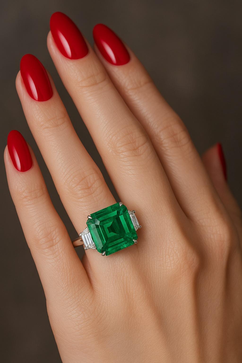 Anello in platino con smeraldo colombiano e diamante certificato GRS da 7,72 carati

Questo anello eccezionale mette in mostra un raro smeraldo colombiano verde vivo da 7,72 carati, certificato da GRS Lo smeraldo, modellato in un elegante taglio
