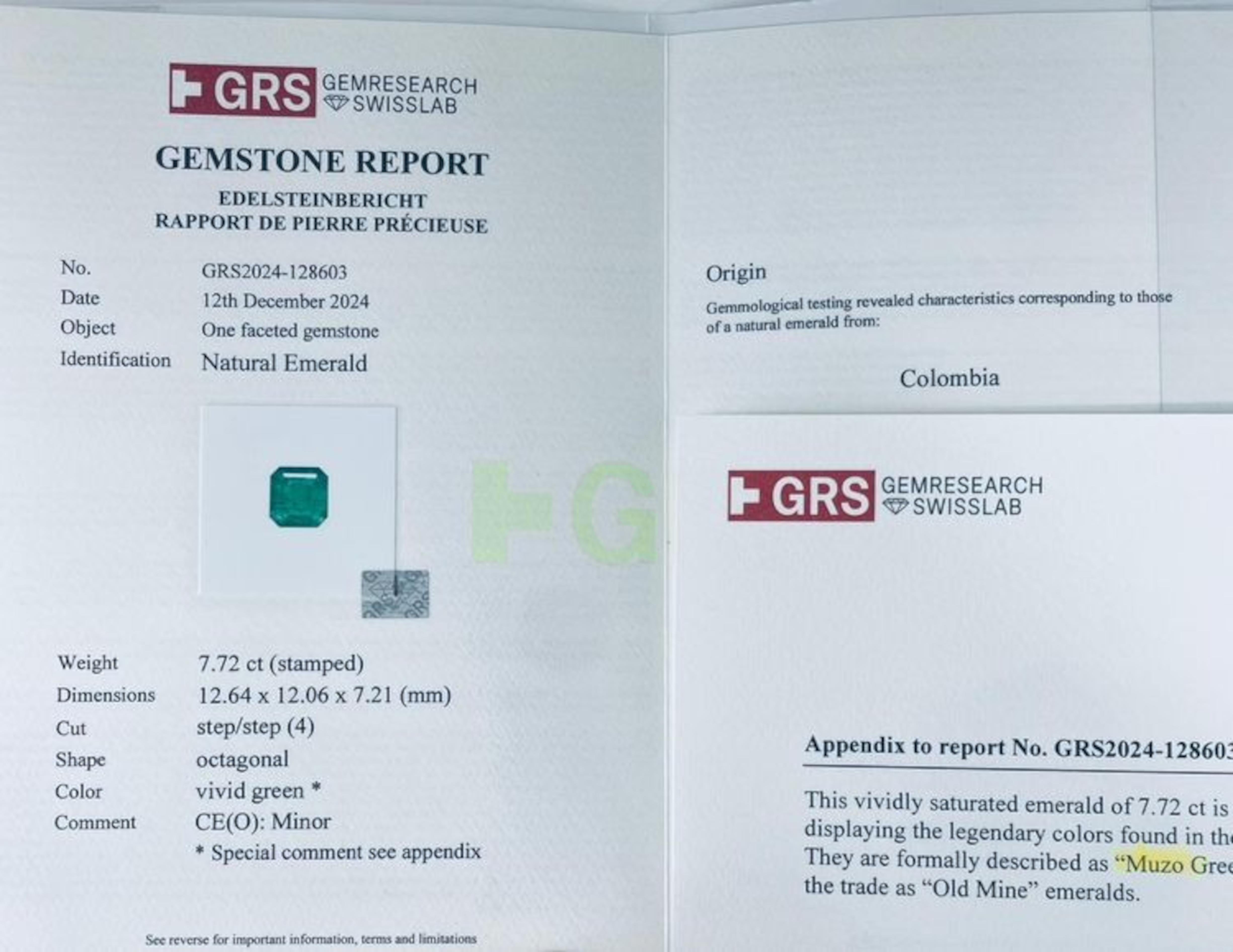 Anello in platino con smeraldo colombiano e diamante certificato GRS da 7,72 carati In condizioni Nuovo in vendita a Chicago, IL