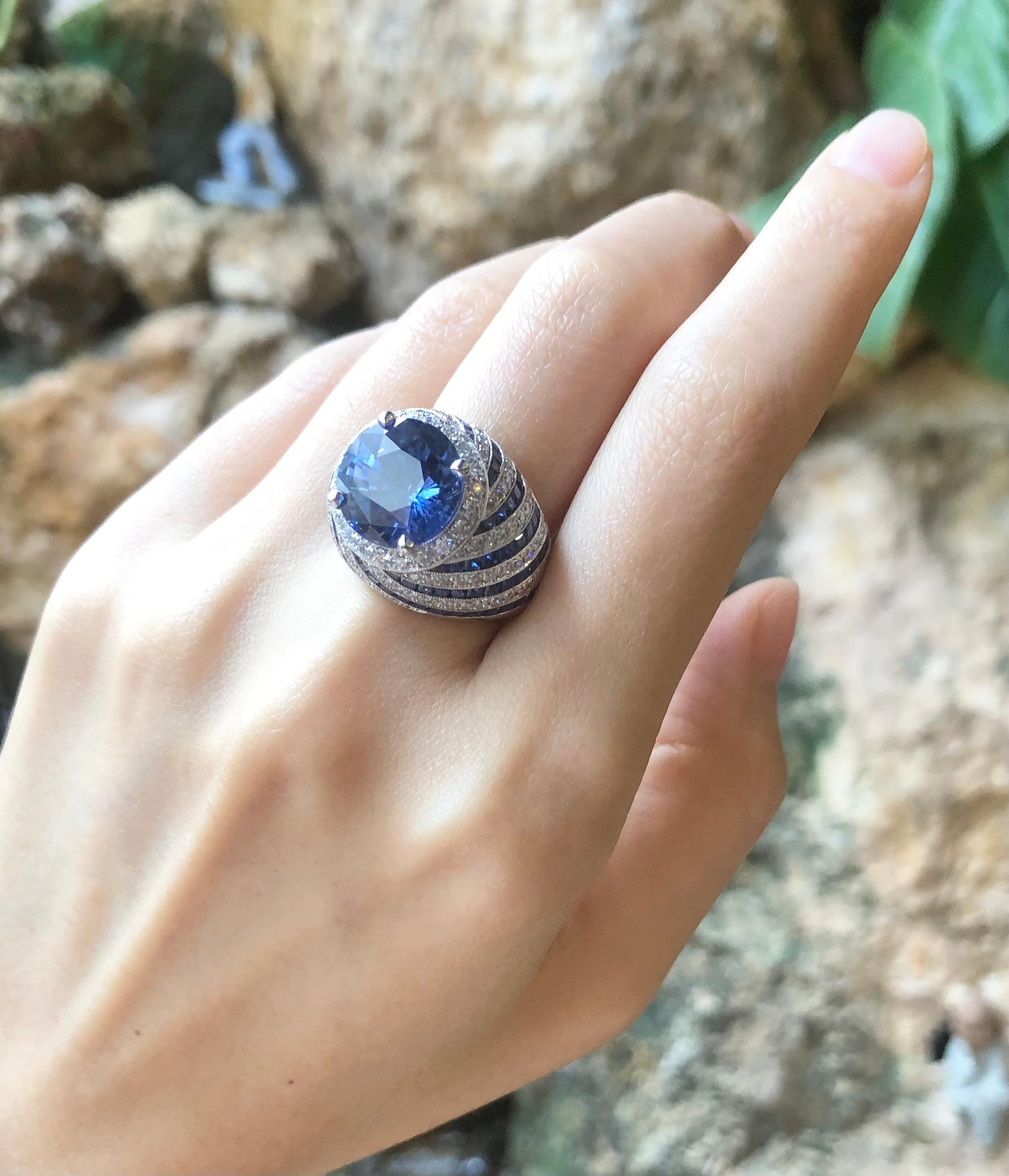 Blue Sapphire 7.64 carats with Blue Sapphire 4.60 carats and Diamond 1.57 carats Ring set in 18 Karat White Gold Settings
(GRS Certified)

Width:  1.2 cm 
Length: 1.2 cm
Ring Size: 53
Total Weight:15.37 grams


