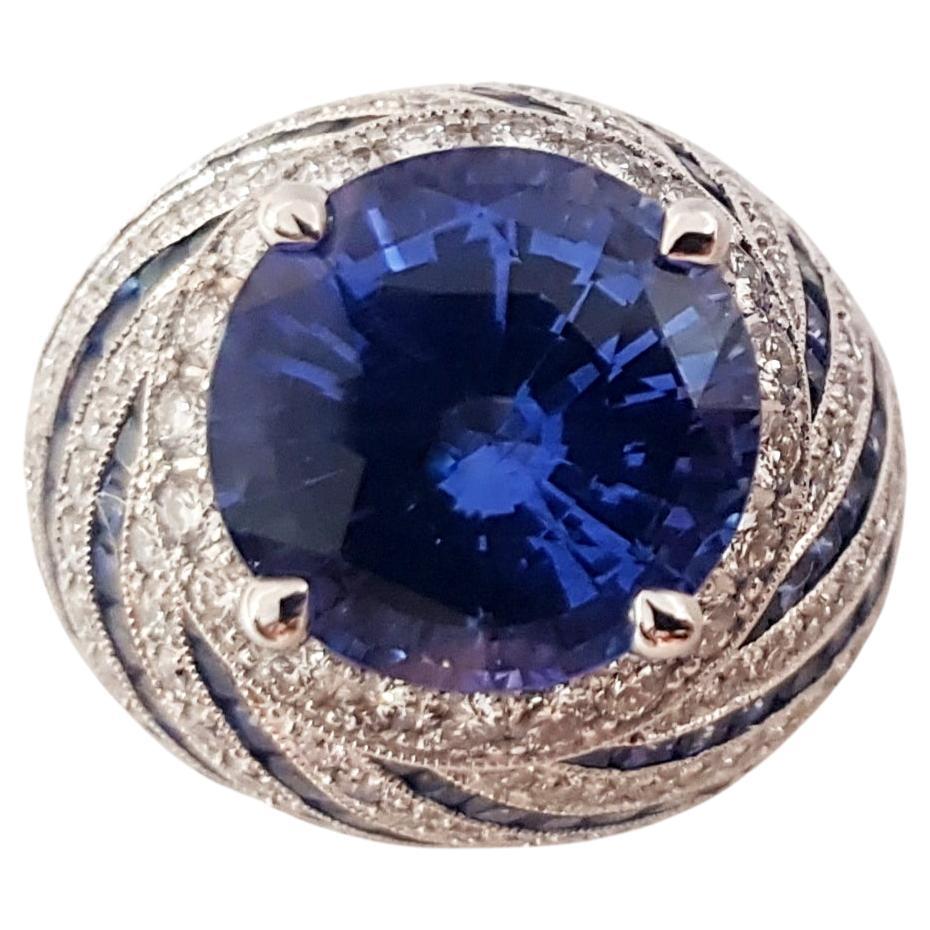 Bague en or blanc 18 carats avec saphir bleu de Ceylan et diamants certifiés GRS de 7 carats