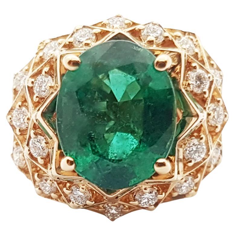 GRS Certified 7cts Zambian Emerald with Diamond Ring Set in 18k Rose Gold For Sale